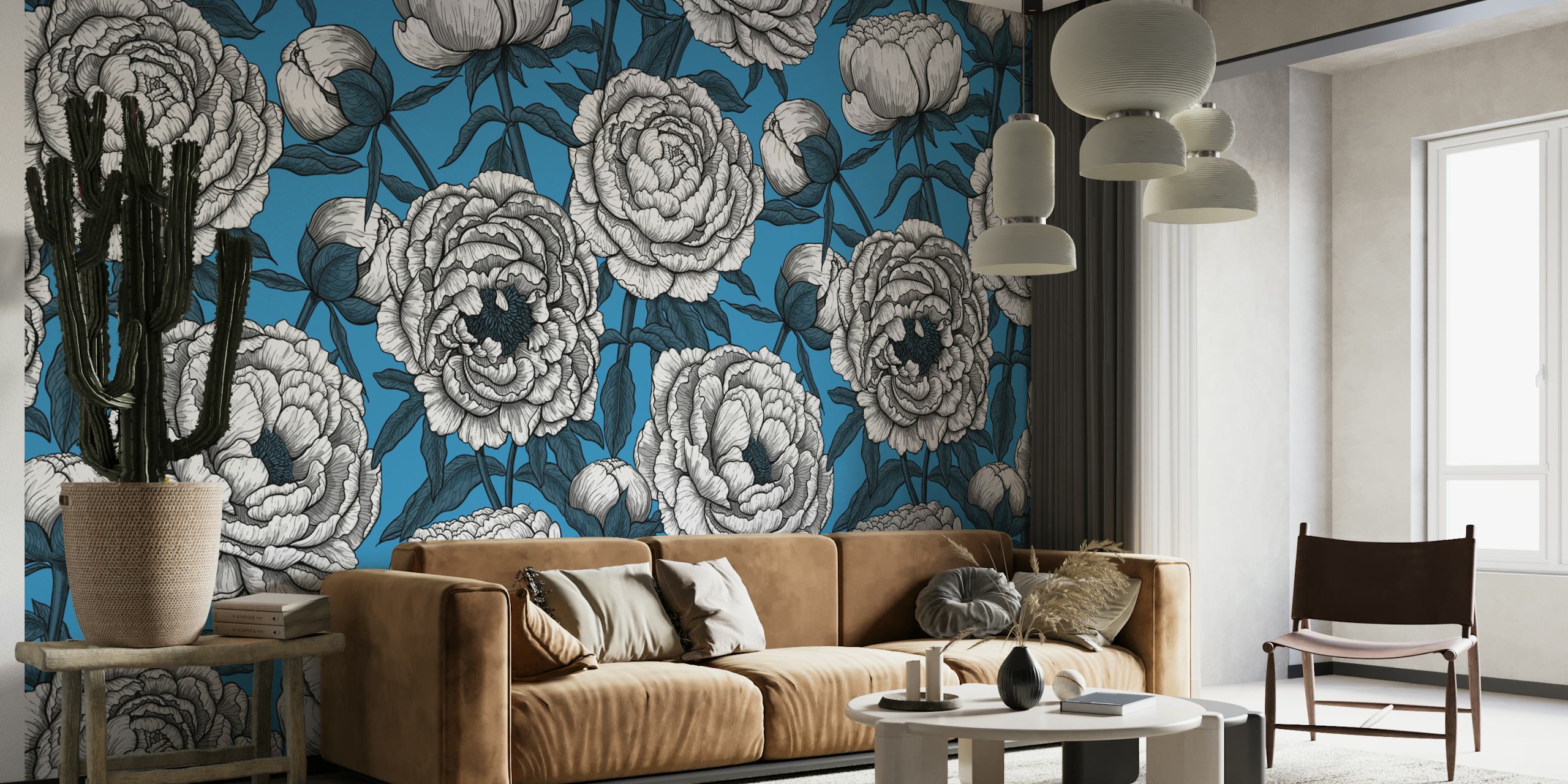 White peony flowers on a blue background wallpaper