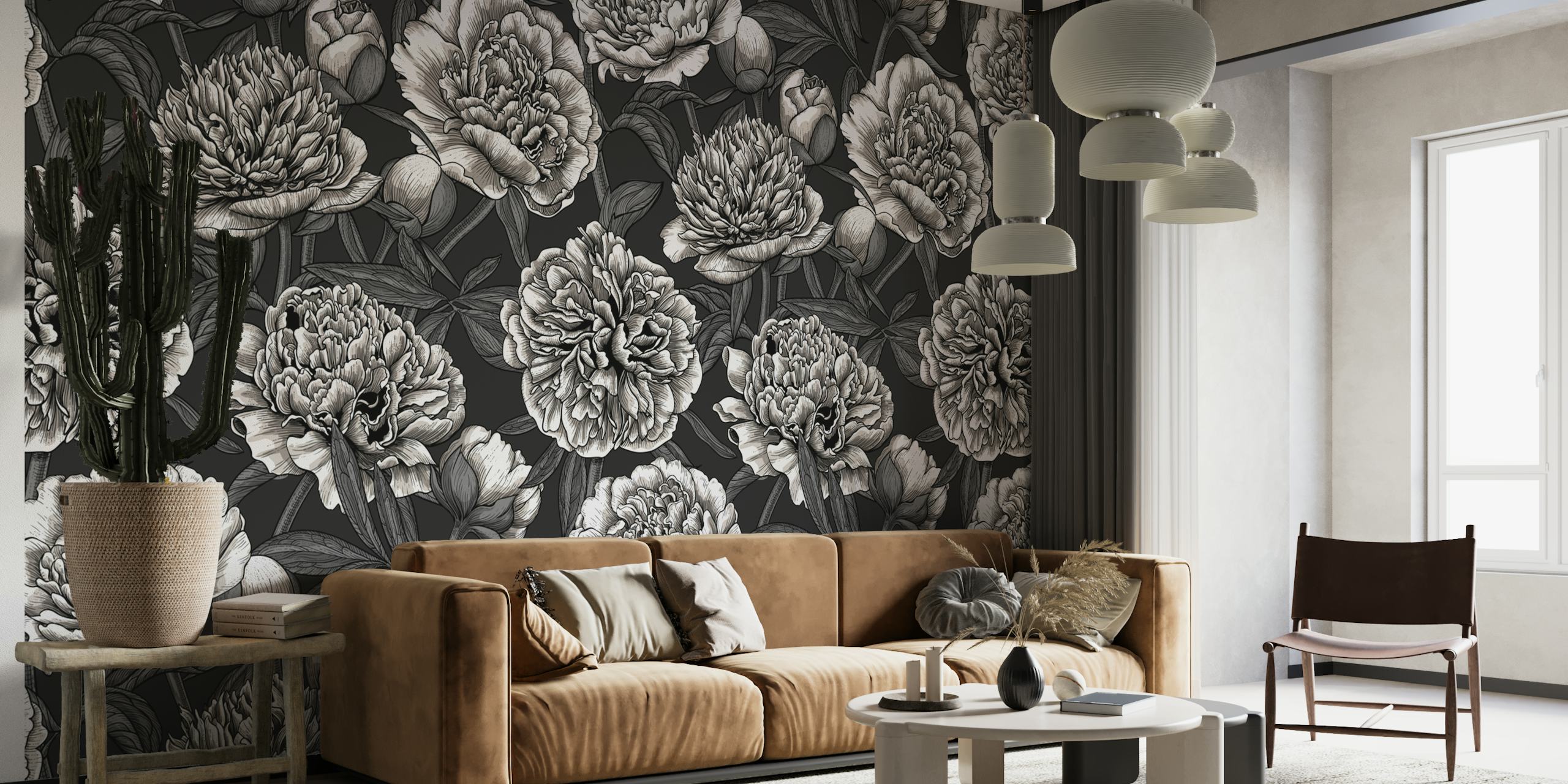 A grayscale wall mural depicting a lush garden of blooming white peonies.