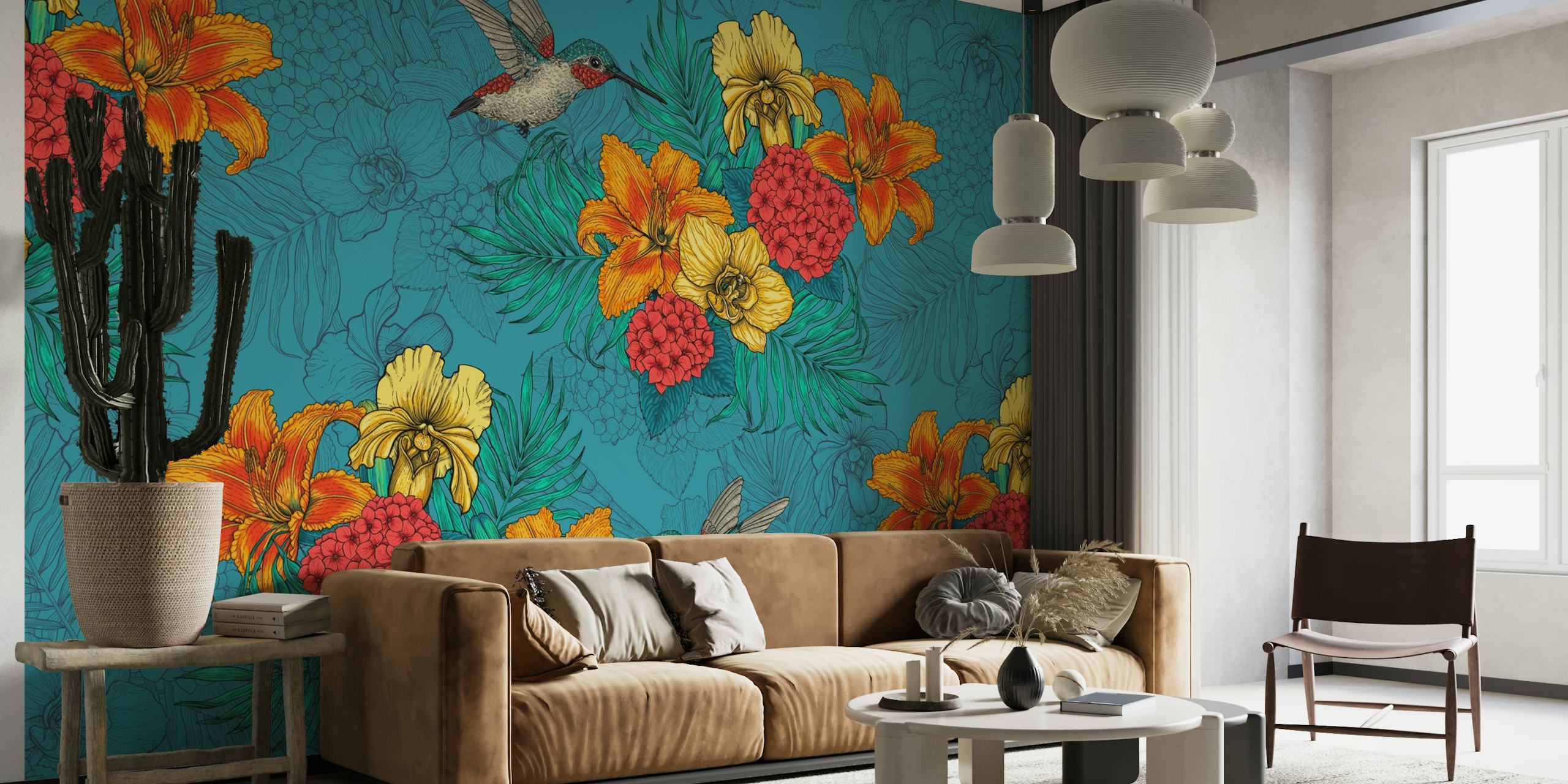 Farverige orange og gule blomster med kolibrier på et blåt baggrundsvægmaleri