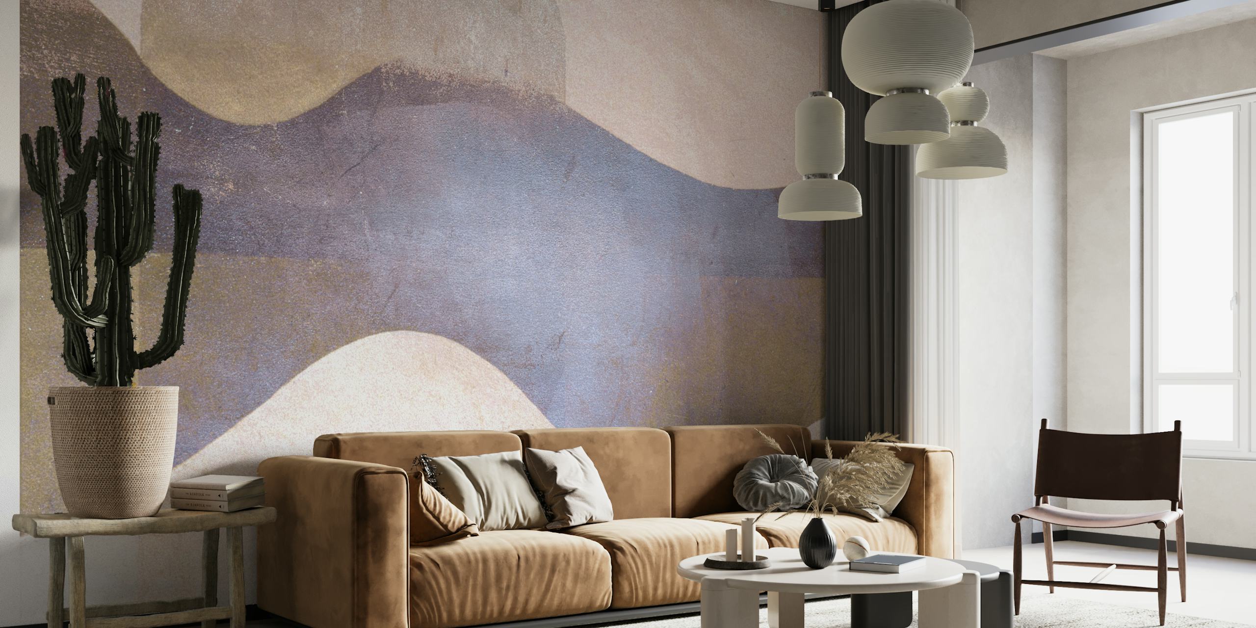 Abstract wavy wall mural in soft beige, mauve, and earth tones conveying a winter sun theme
