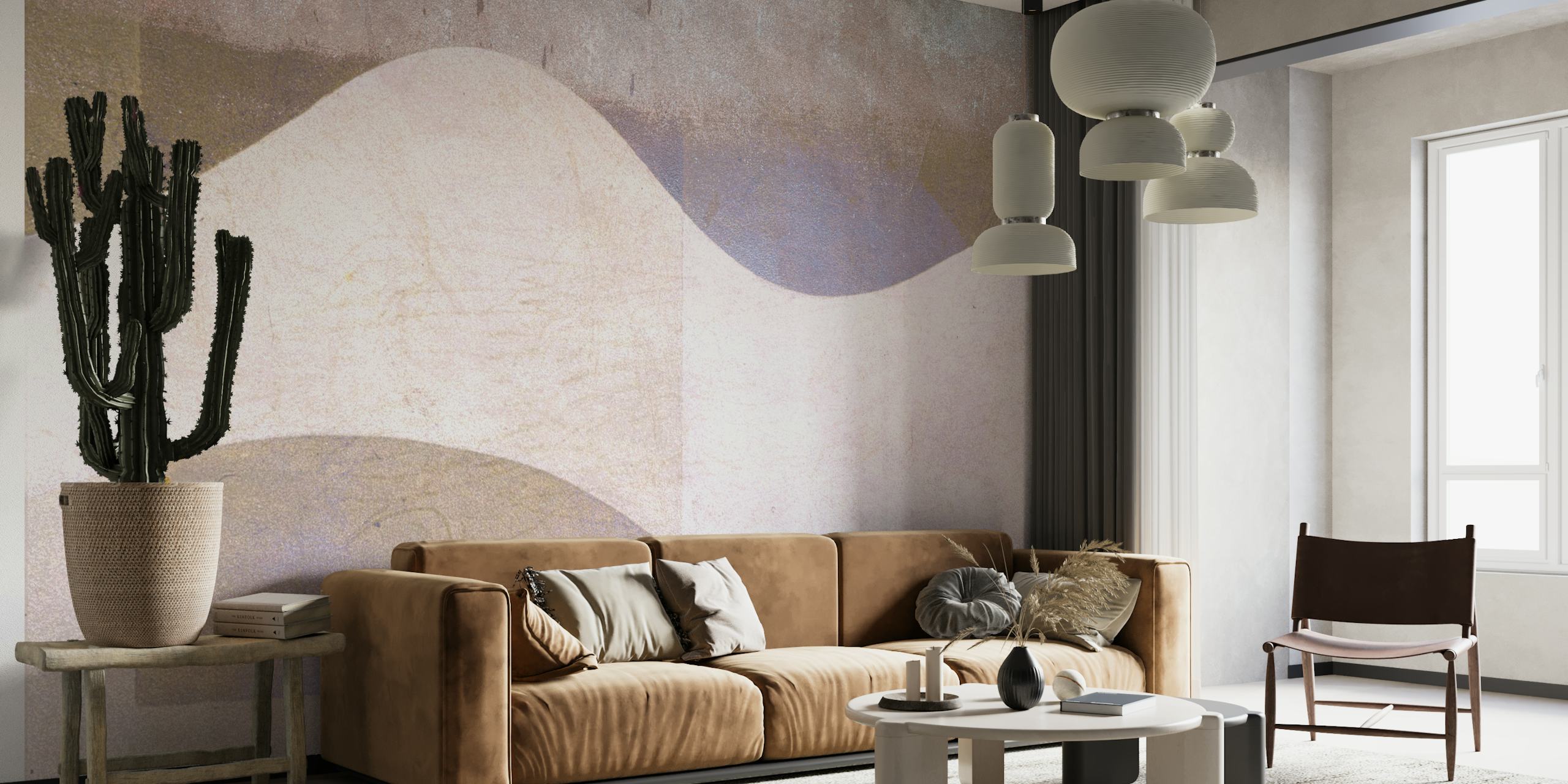 Abstract wall mural with soft curves and muted winter tones