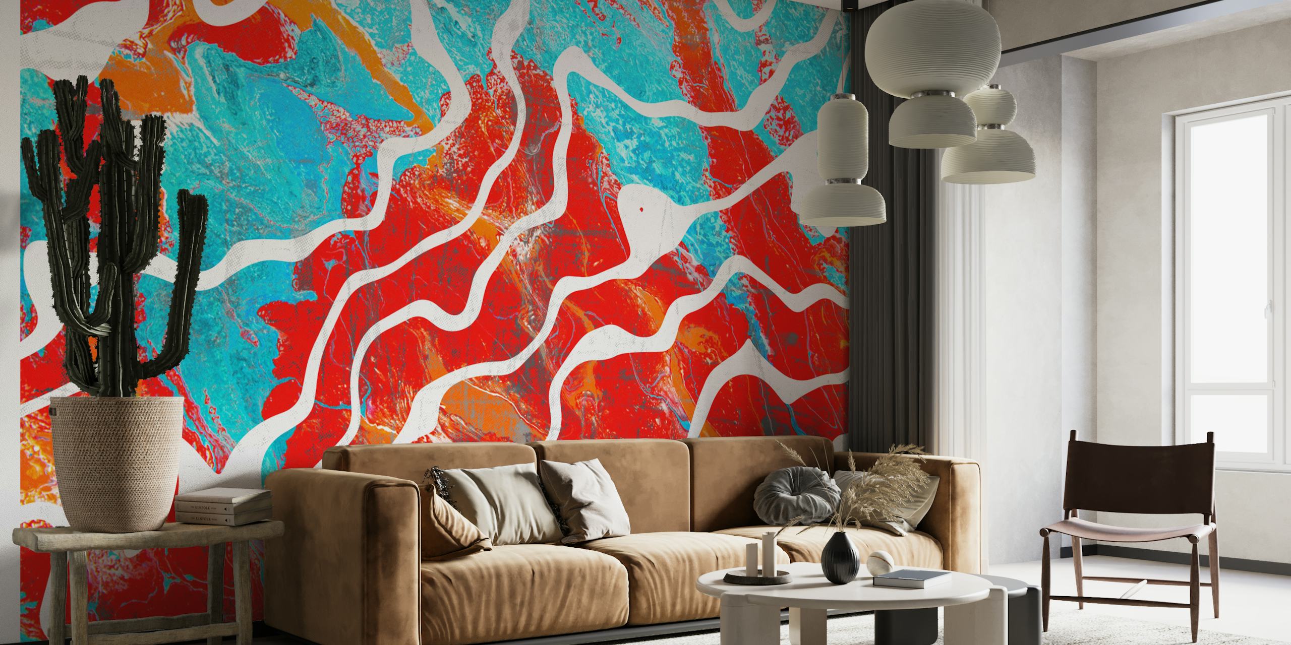 Colorful abstract waves pattern in red, blue, and white wallpaper