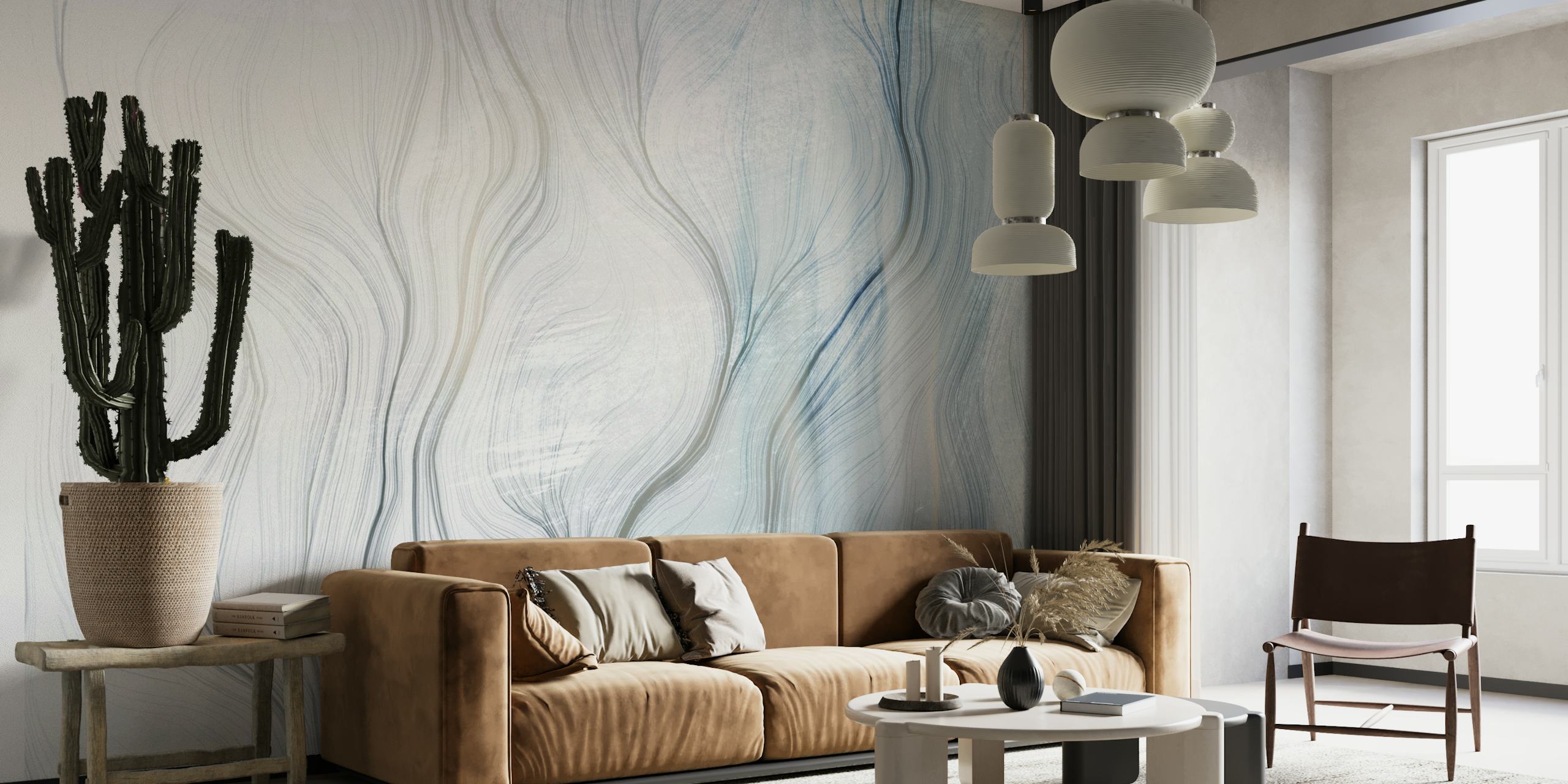 Mural de parede abstrato com curvas suaves e tons gradientes de azul e cinza, criando um ambiente tranquilo