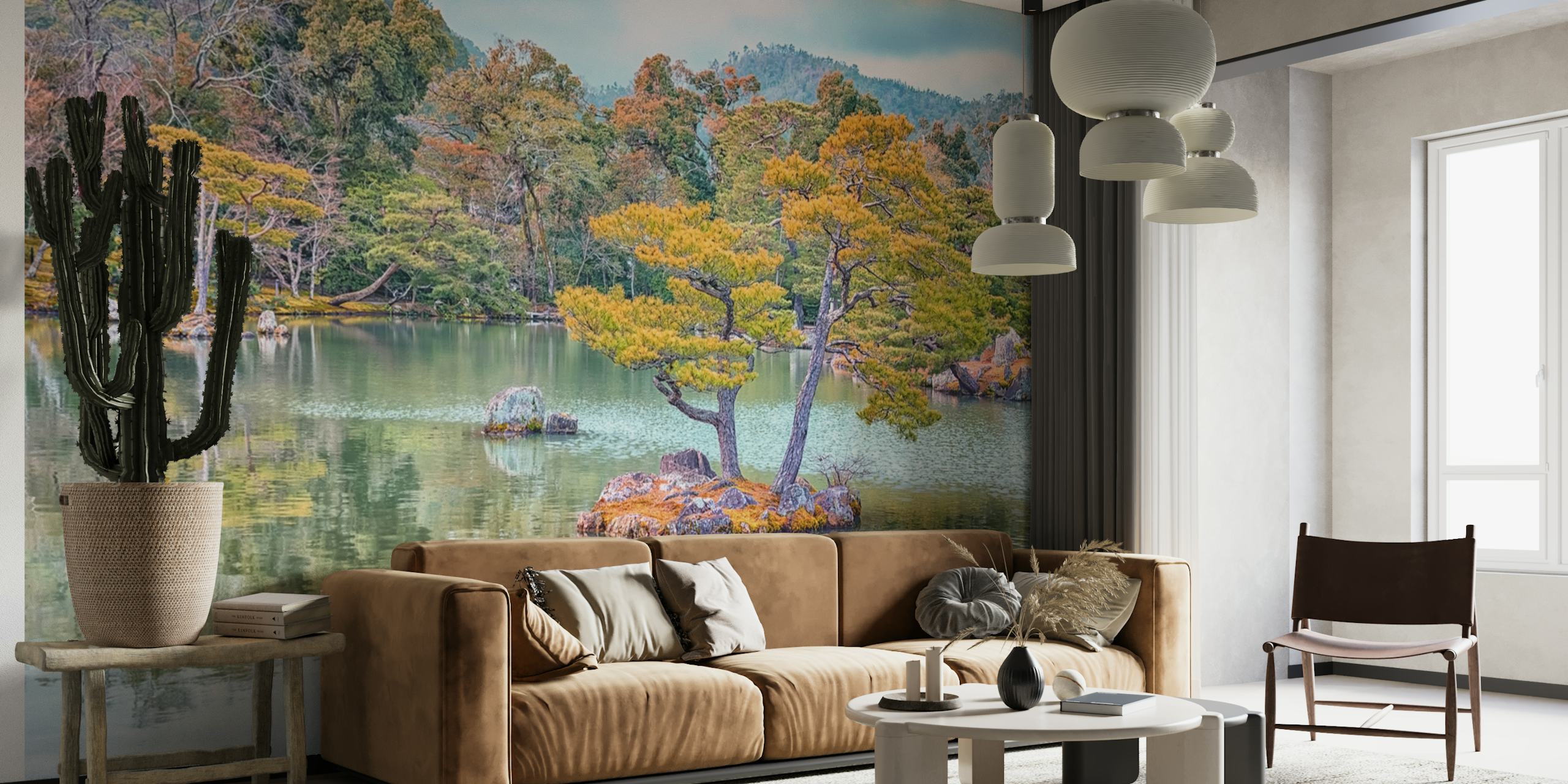 Japanese garden wall mural with autumn trees and pond