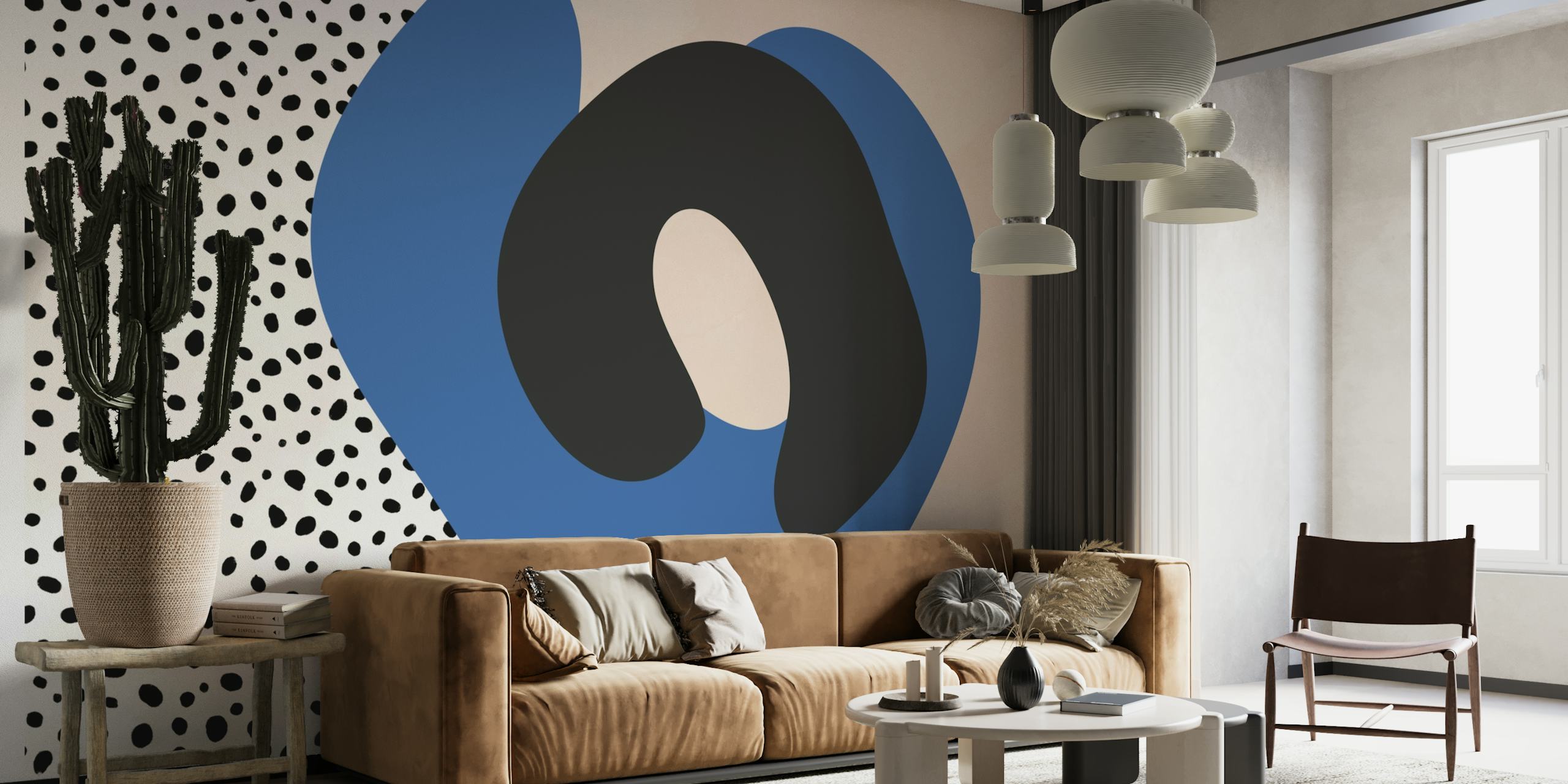 Blue Beige Mid Century Modern Wall Mural with Abstract Shapes