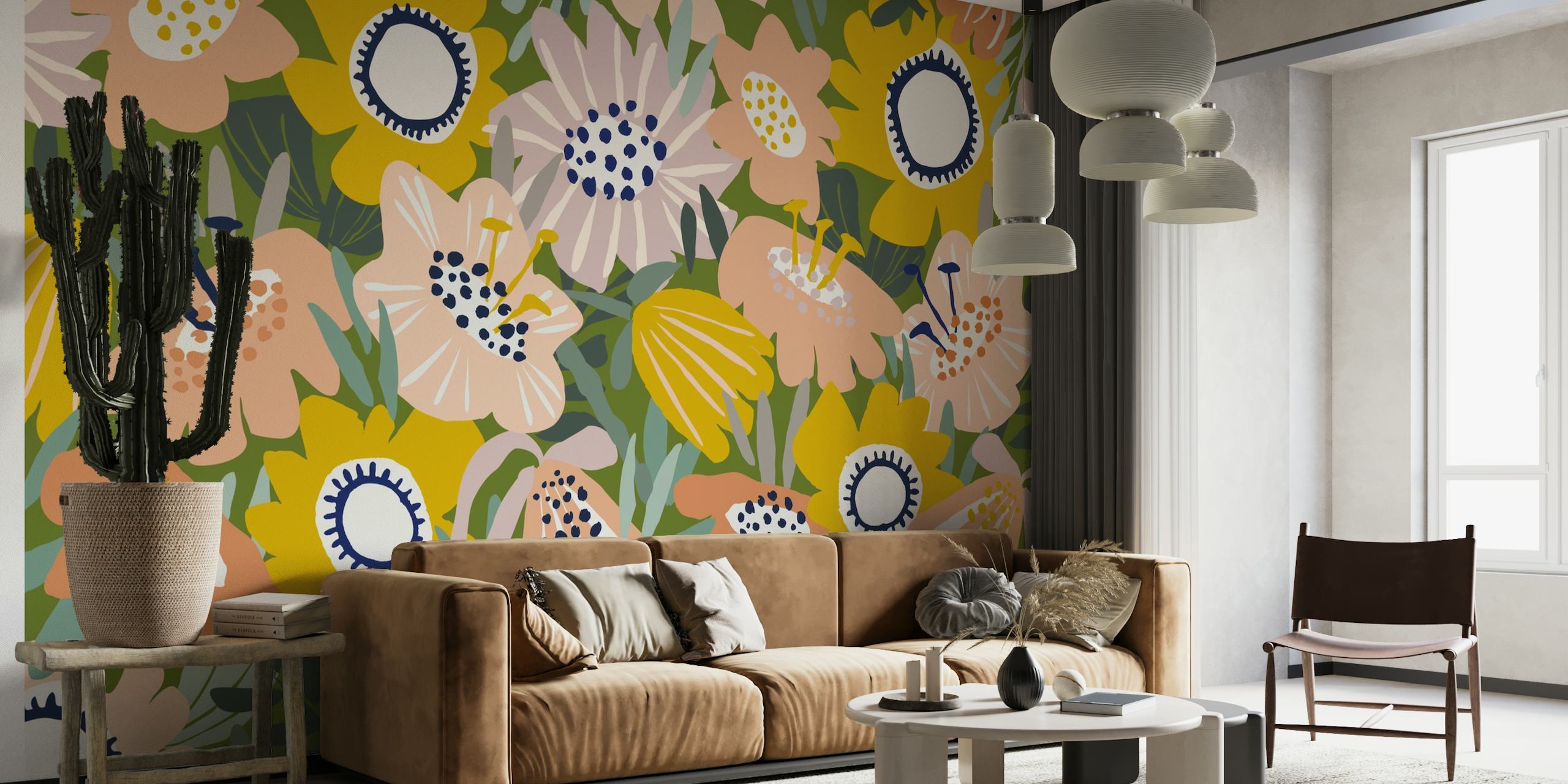 Värikäs seinämaalaus trooppisilla kukilla ja käsin piirretyllä tyylillä