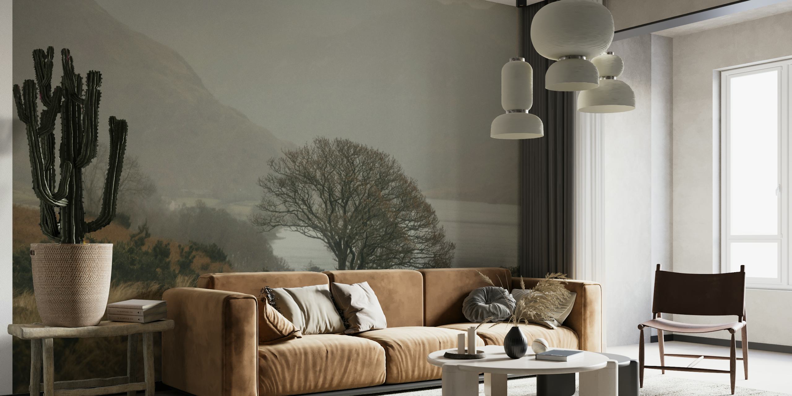 Lake District wall mural with misty landscape, solitary tree and serene lake view