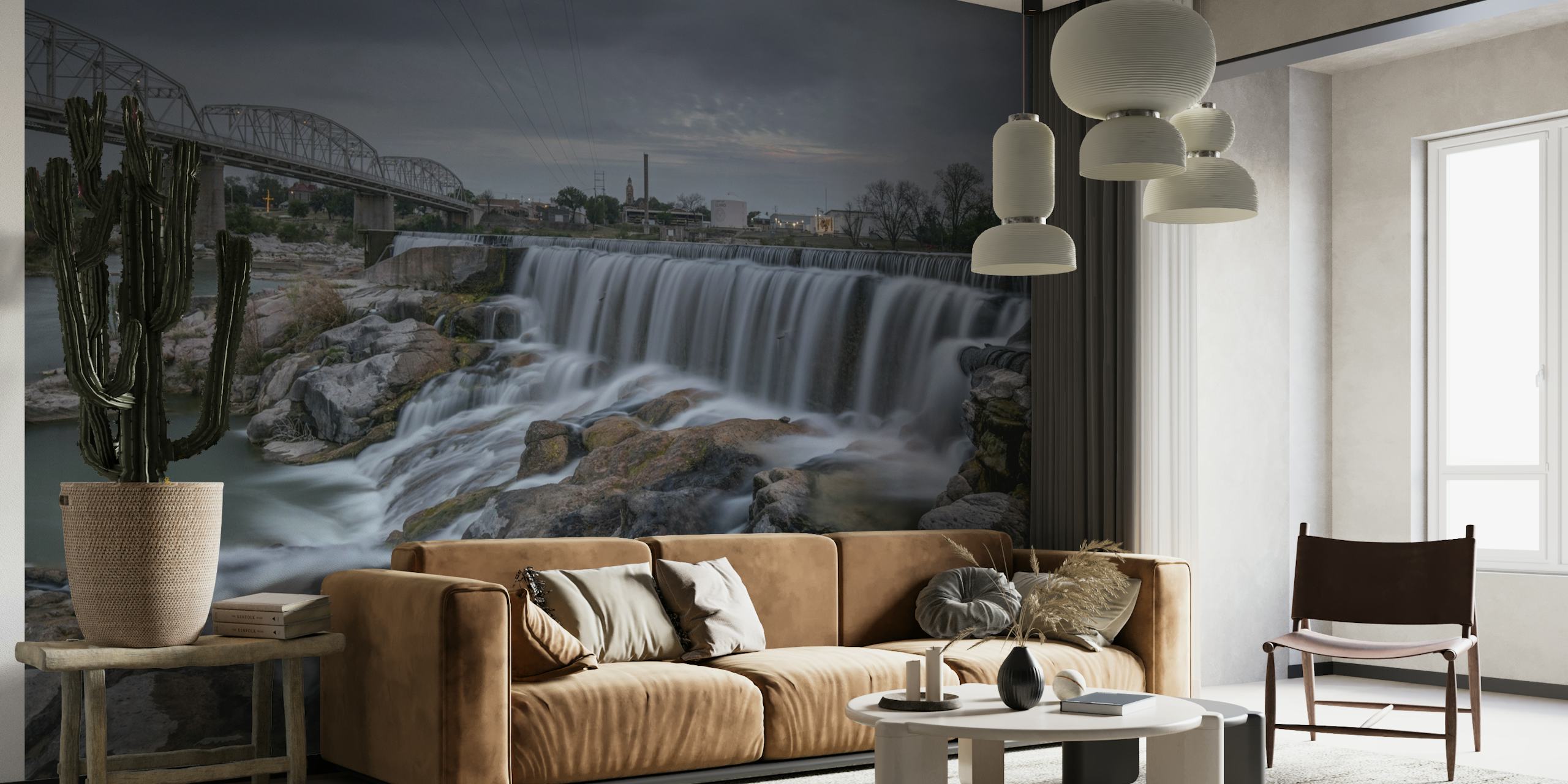 Llano Spillway Texas wall mural featuring a waterfall with rocks and cloudy skies