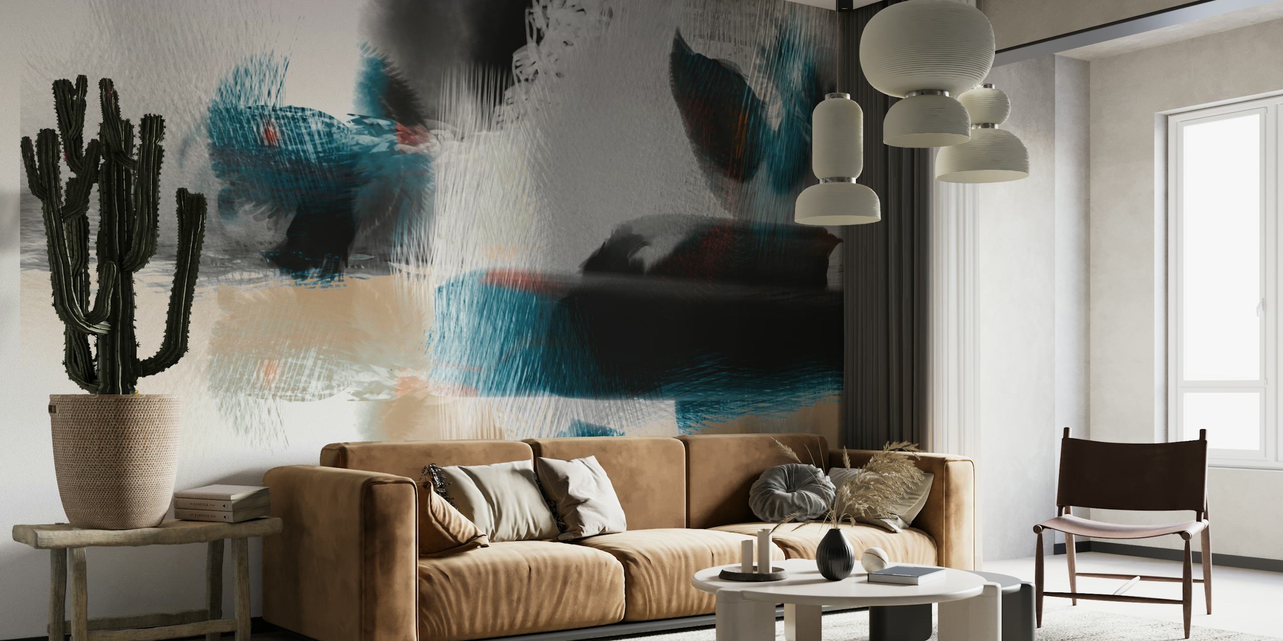 Abstract brushstroke design in blue and beige tones wallpaper