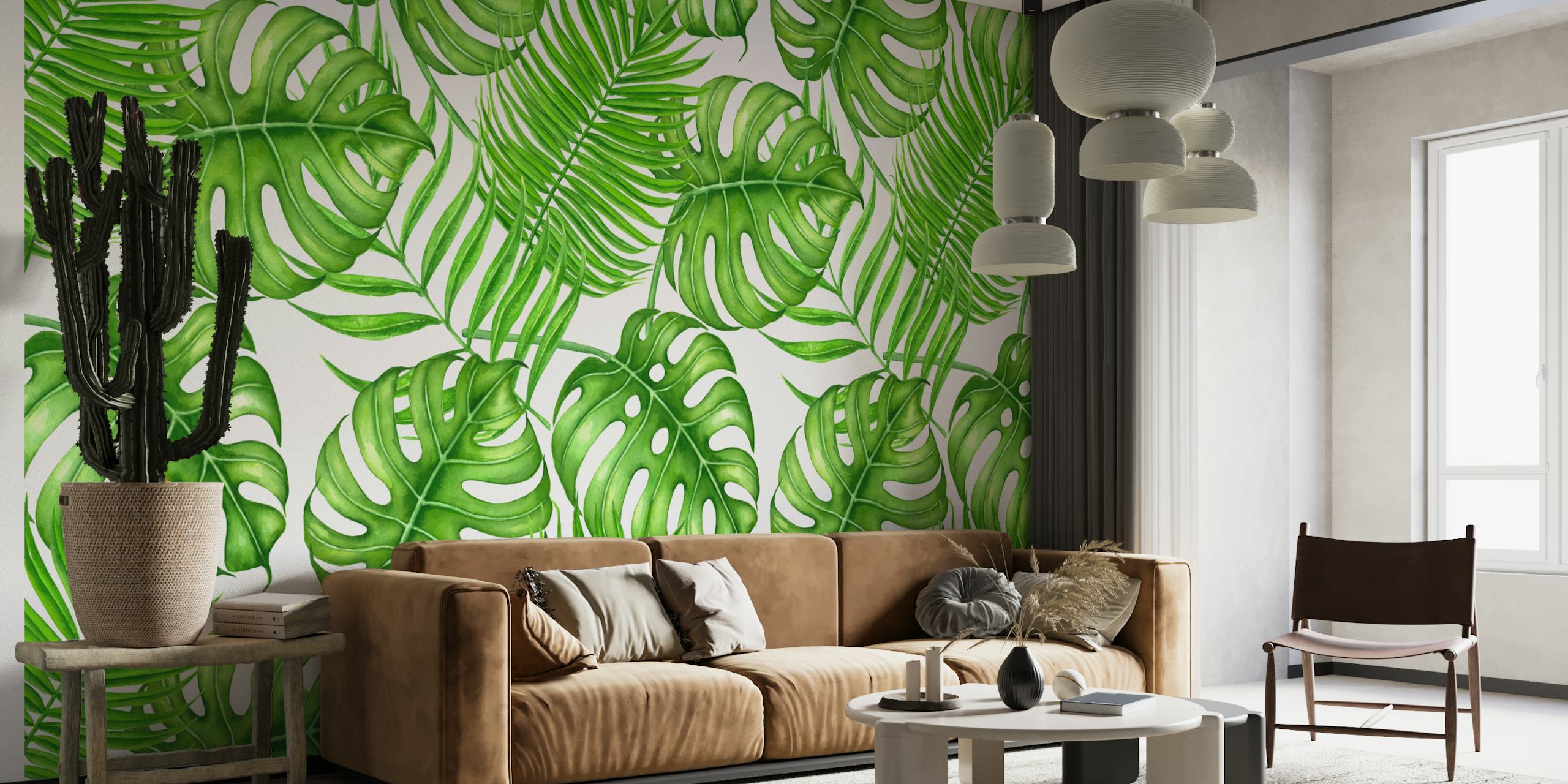 Tropical leaves in vibrant green colors on white background wallpaper