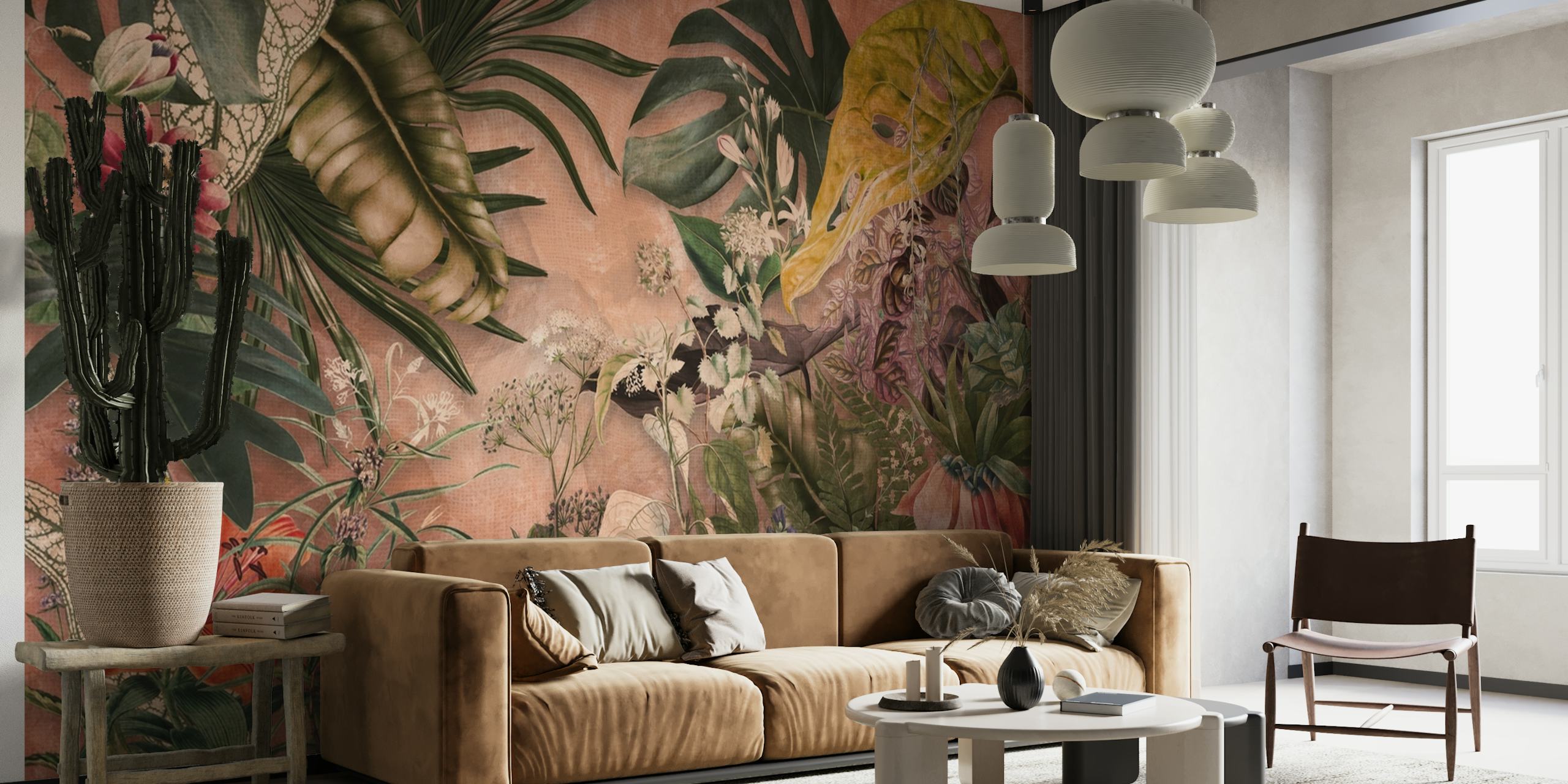 Motivo con foglie della giungla tropicale su un murale con sfondo color corallo