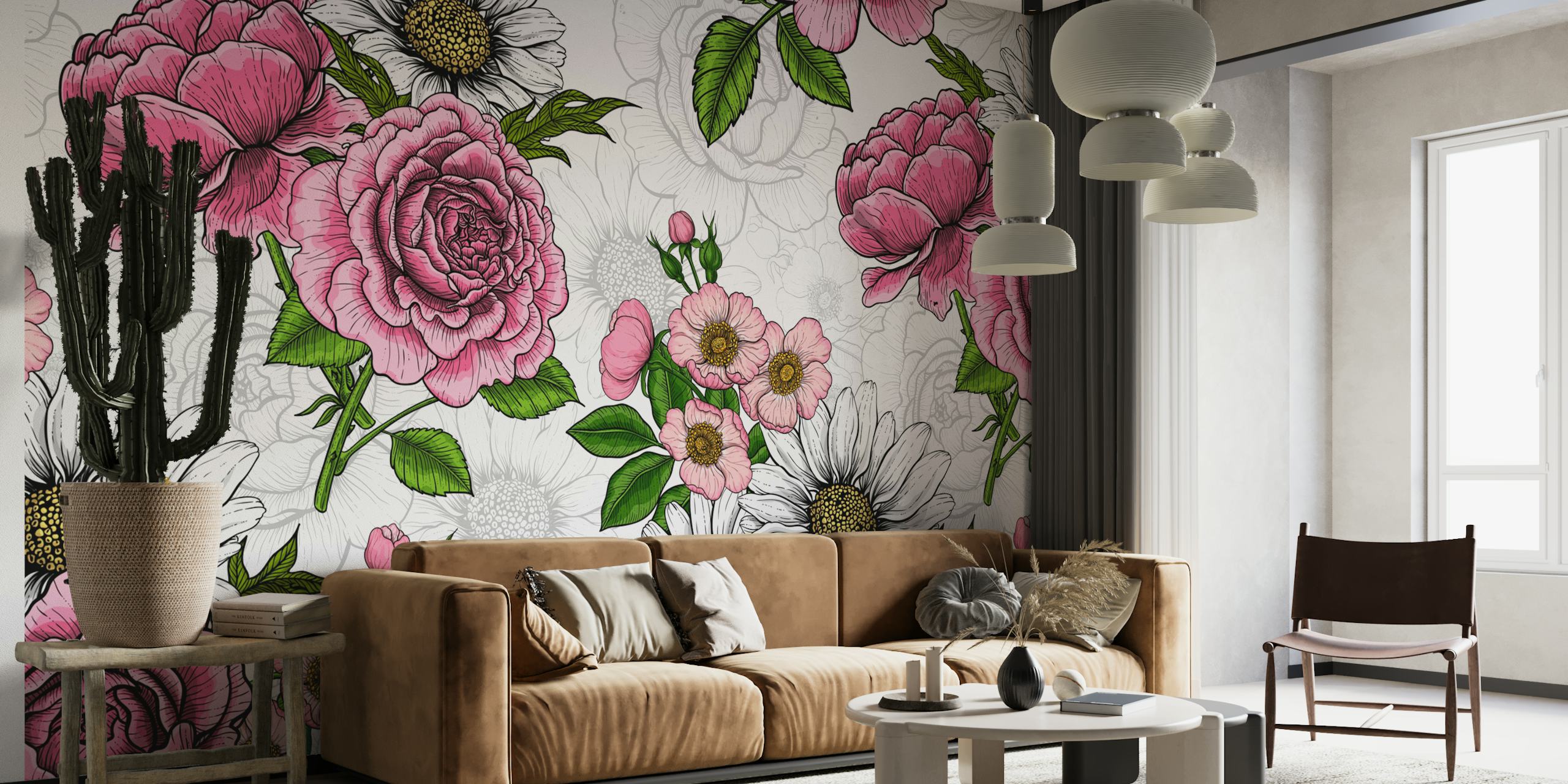 Summer Bouquets 2 wall mural featuring pink roses and daisies on a white background