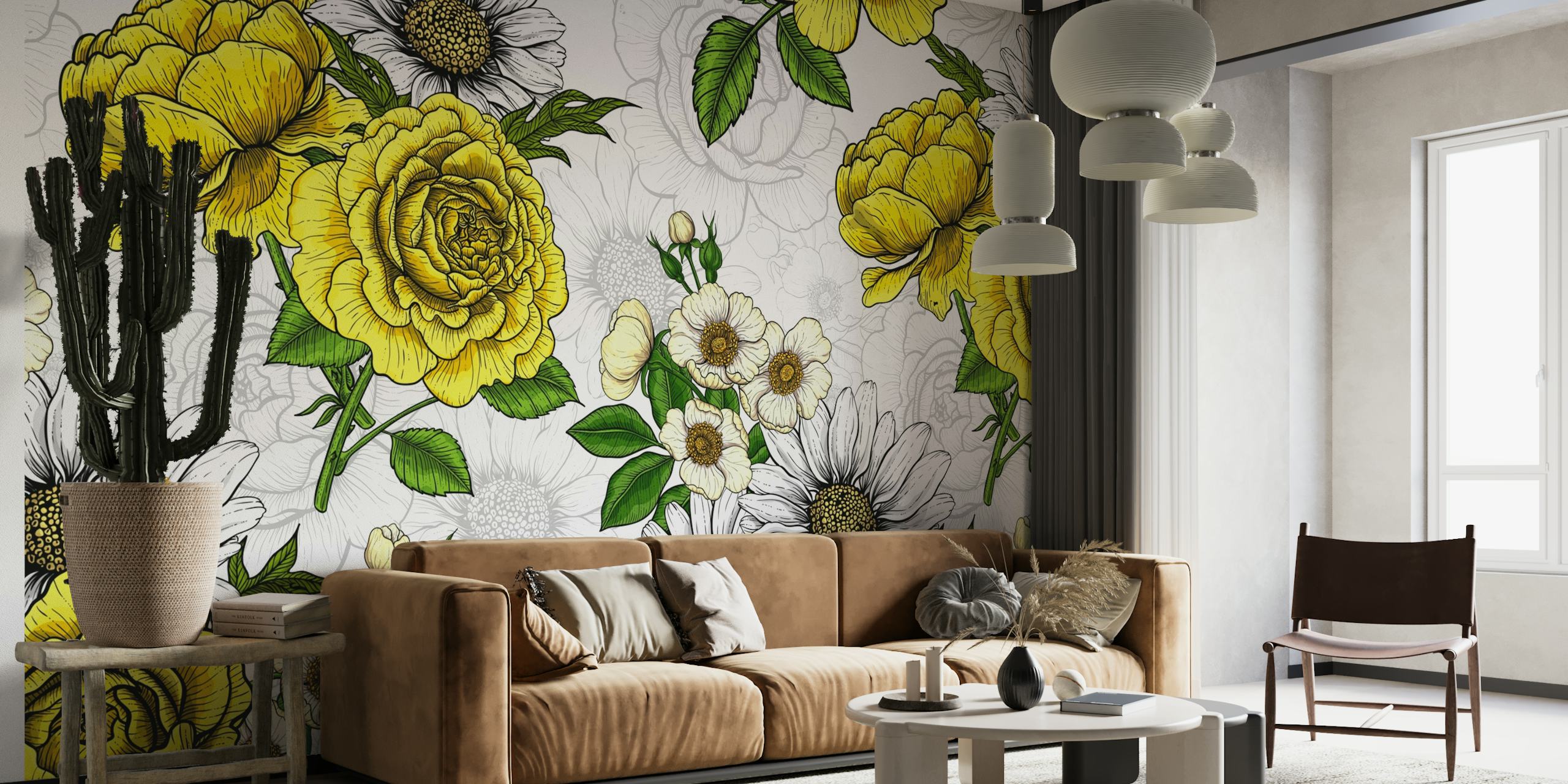 Mural de parede Summer Bouquets 3 com rosas amarelas e margaridas brancas