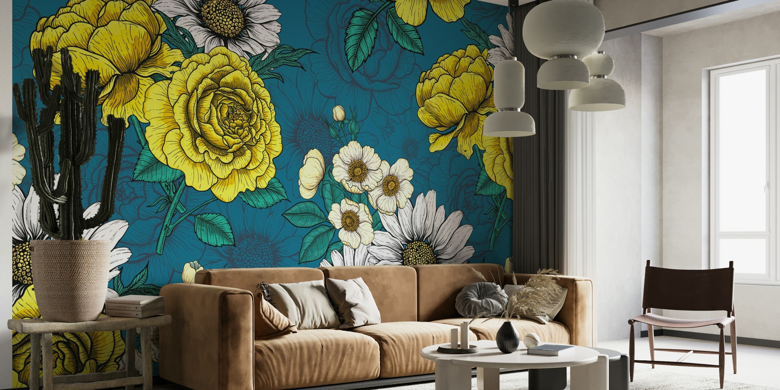 A floral wall mural with yellow roses and white daisies on a teal background.