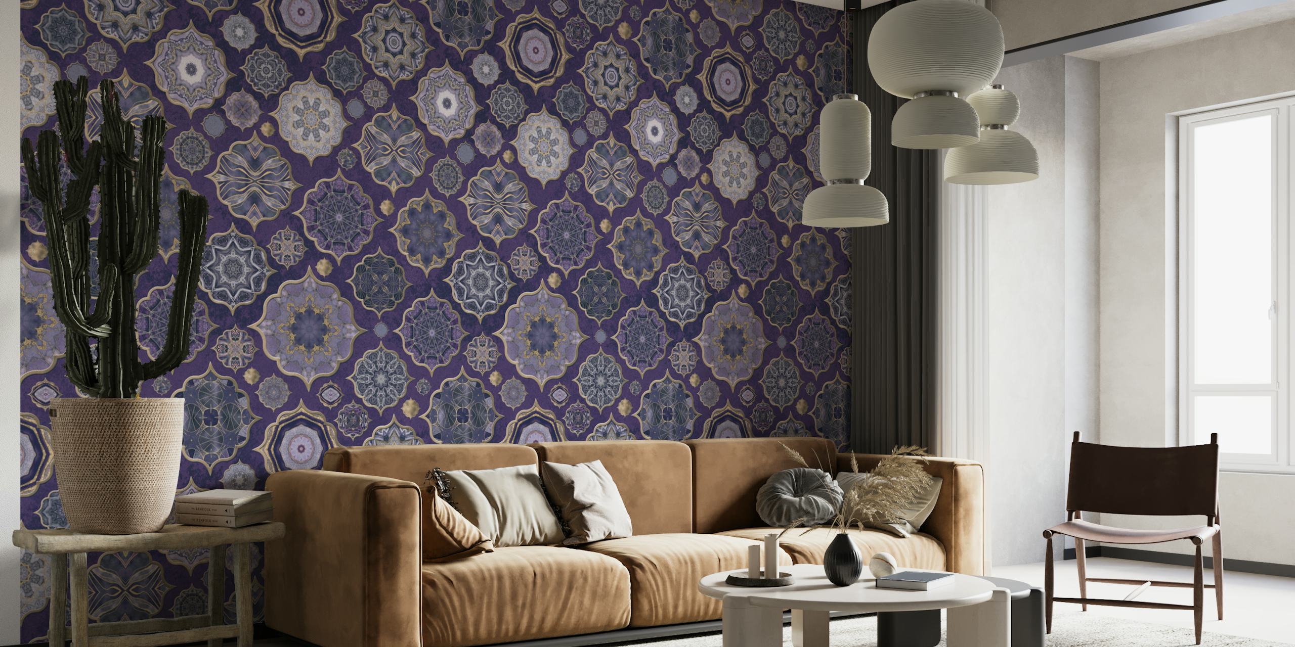 Moroccan Tiles Very Peri wallpaper in a room
