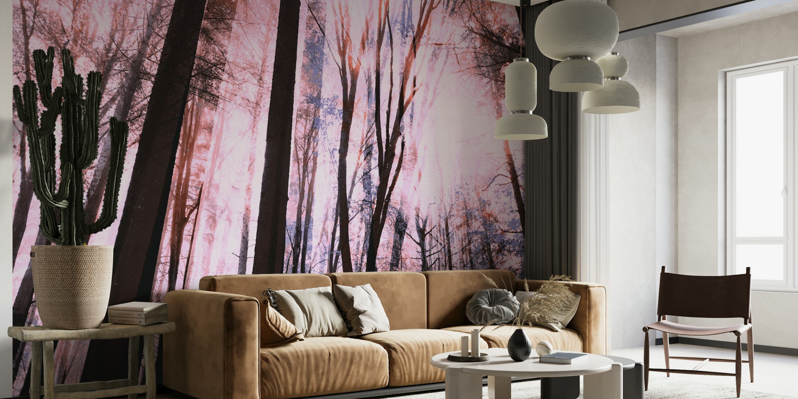 Metsän seinämaalaus, jossa auringonsäteet kurkistavat puiden läpi