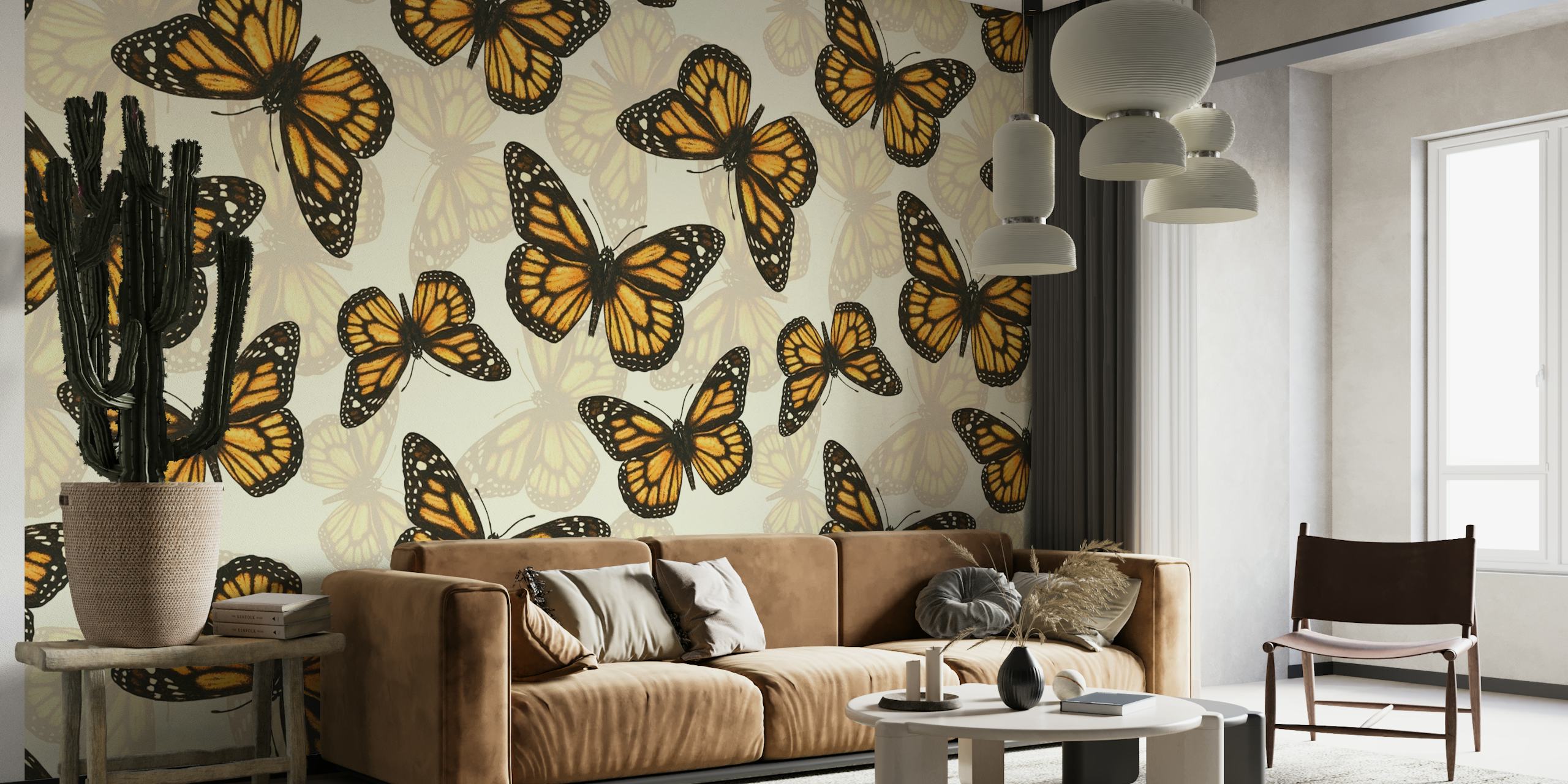 Monarch butterflies wall mural with a seamless pattern design