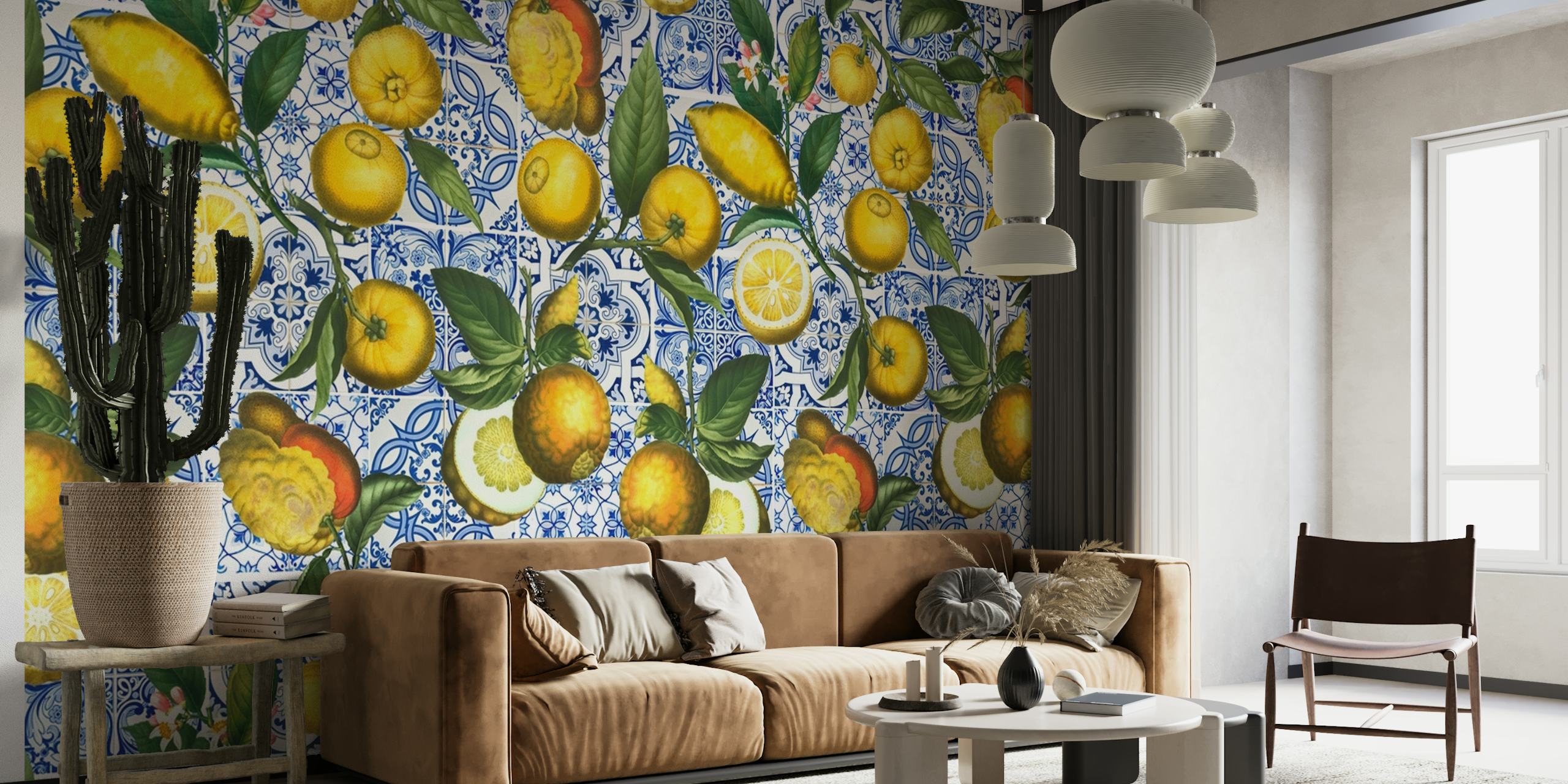 Wandtapete mit Zitronen- und Fliesenmuster im mediterranen Stil