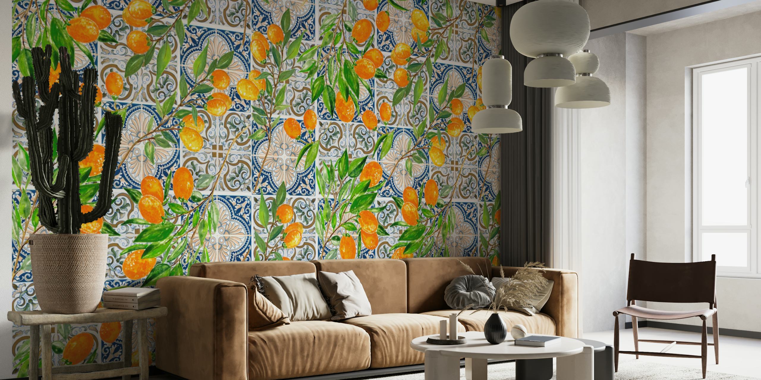 Mediterranean cumquat floral design with oranges and blue tile patterns wallpaper