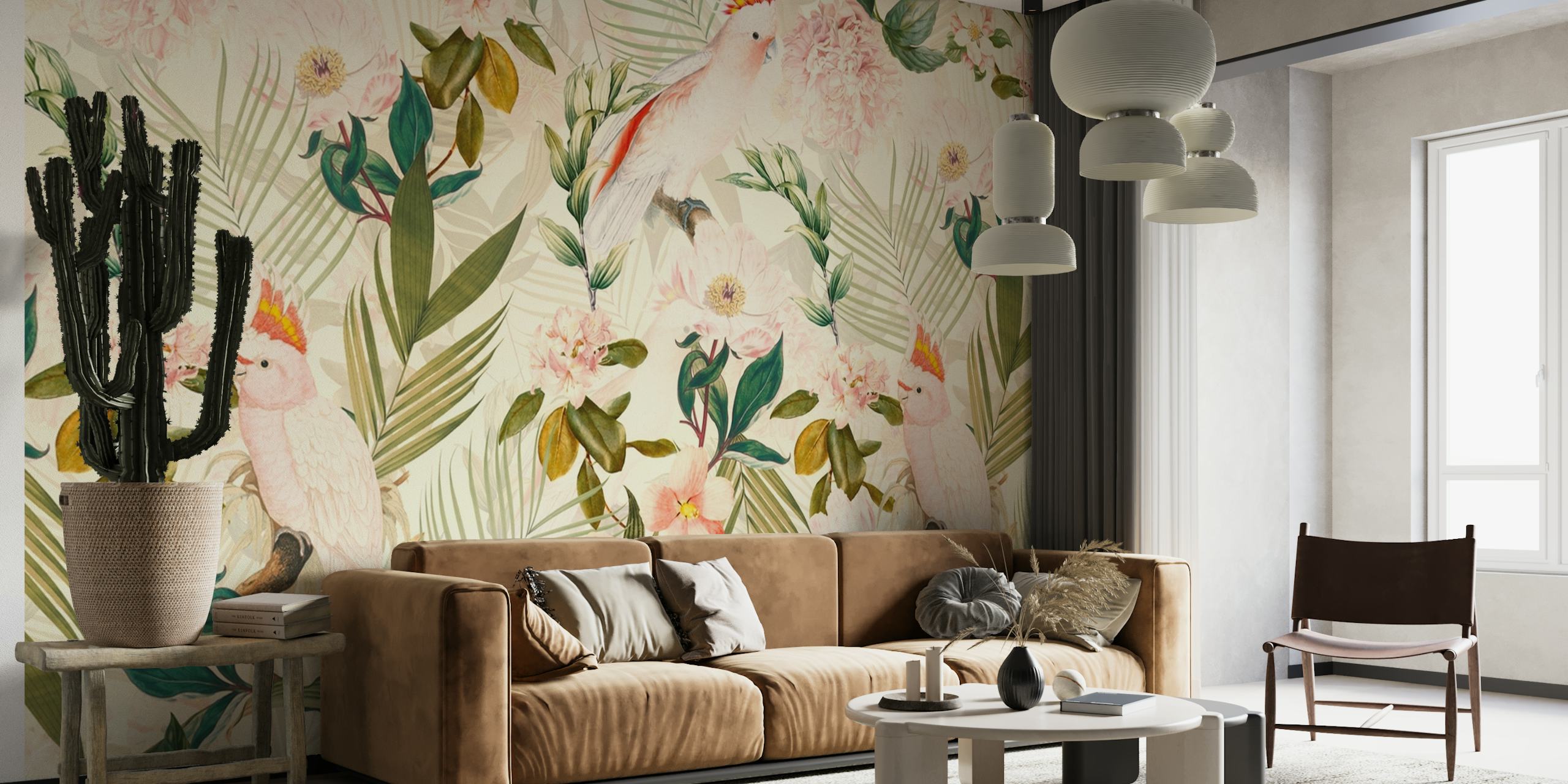 Wall mural with blush tones vintage cockatoo and jungle print