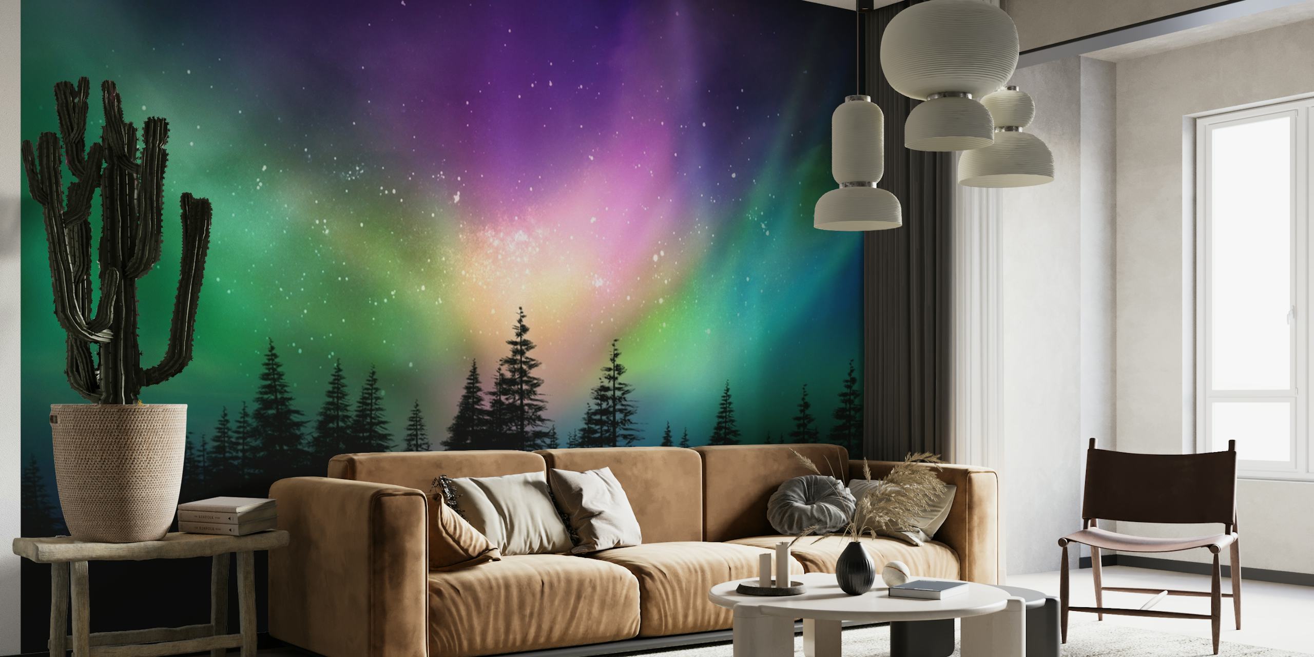 Fotomural colorida aurora boreal con silueta de bosque