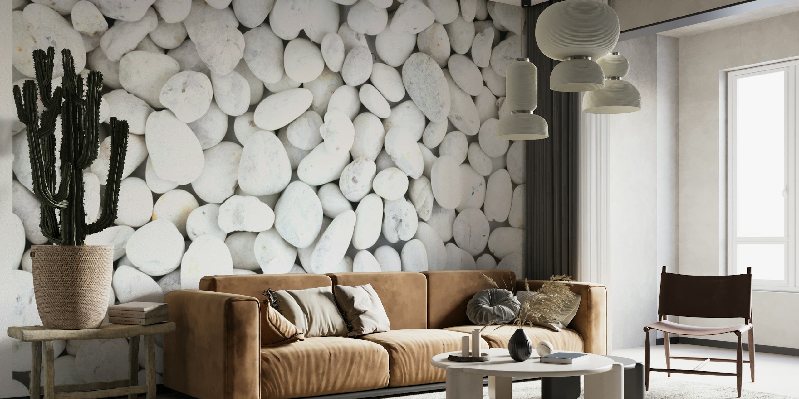 Wall mural of smooth white pebbles creating a tranquil, textured look
