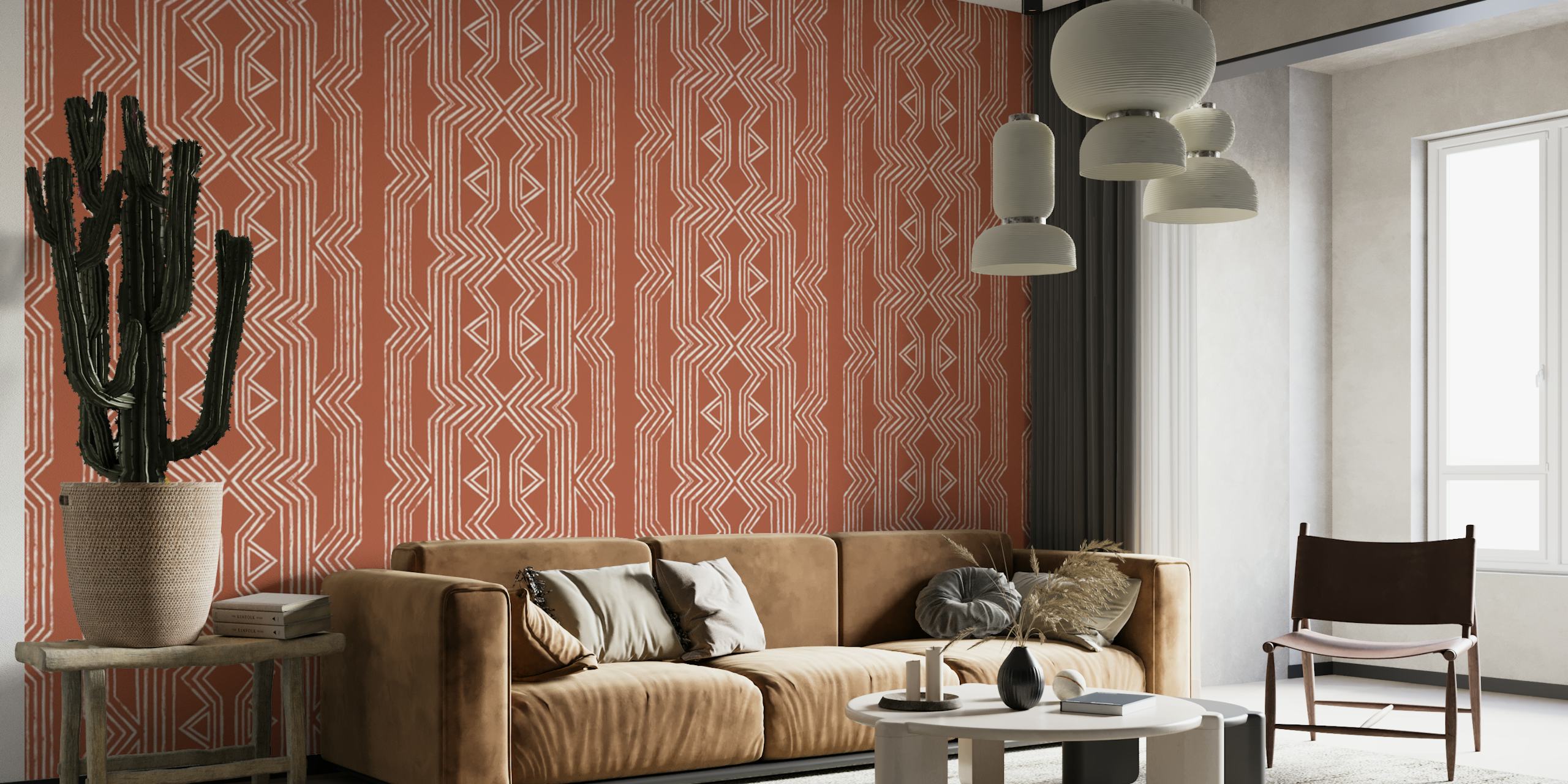 Motif géométrique beige sur fond rouge terracotta, papier peint mural