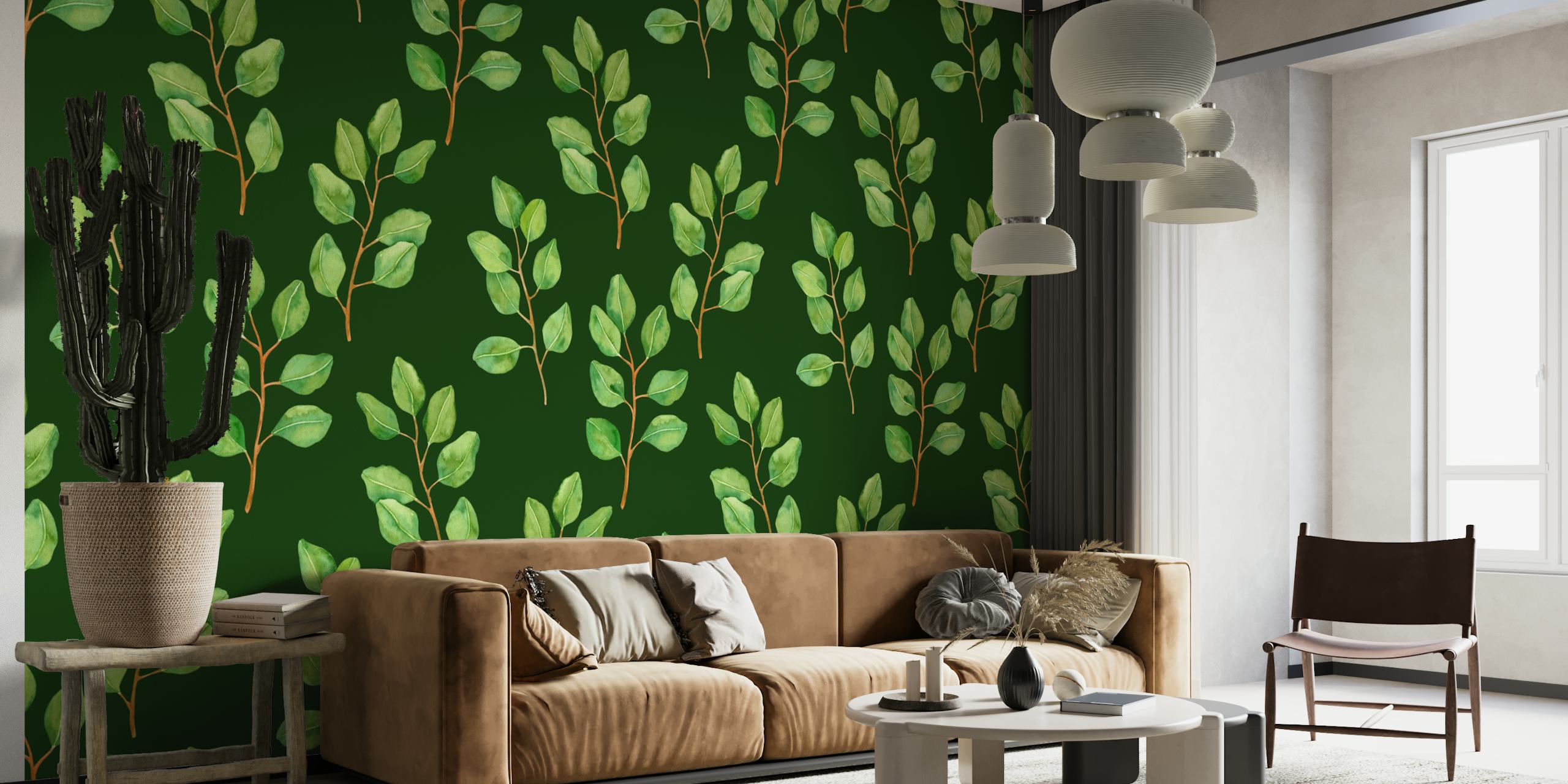Eucalyptus watercolor wallpaper in a room setting