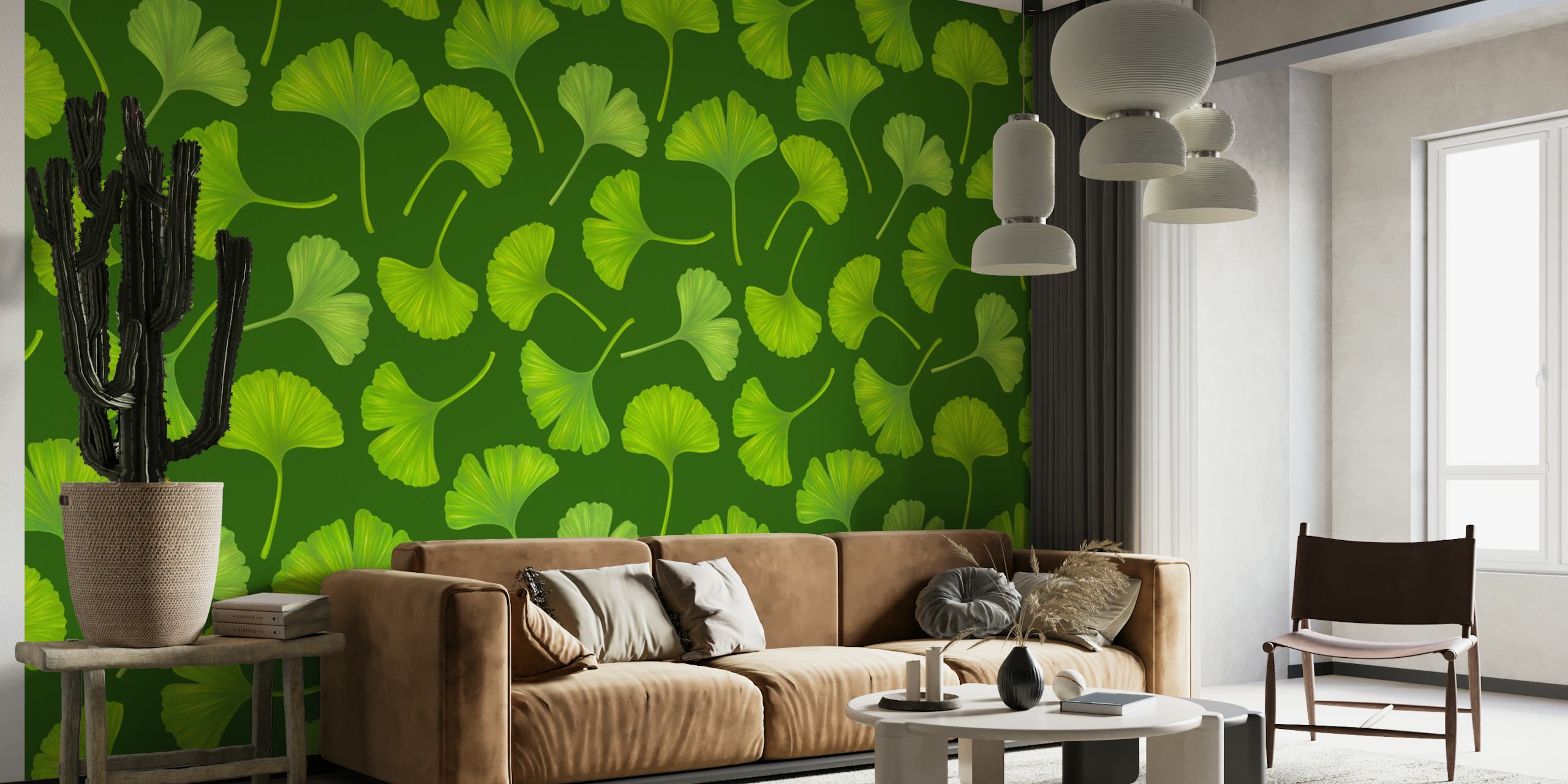 Ginkgo leaves on dark green wallpaper