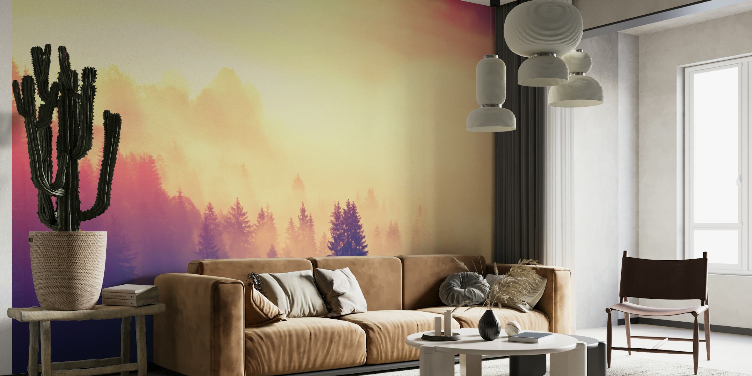 Foggy forest wallpaper featuring soft greens and purples, abstract landscape design