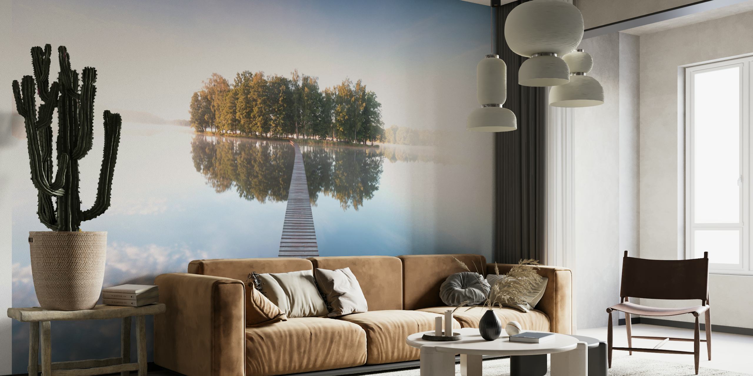Calm lake with wooden dock and trees reflection wallpaper