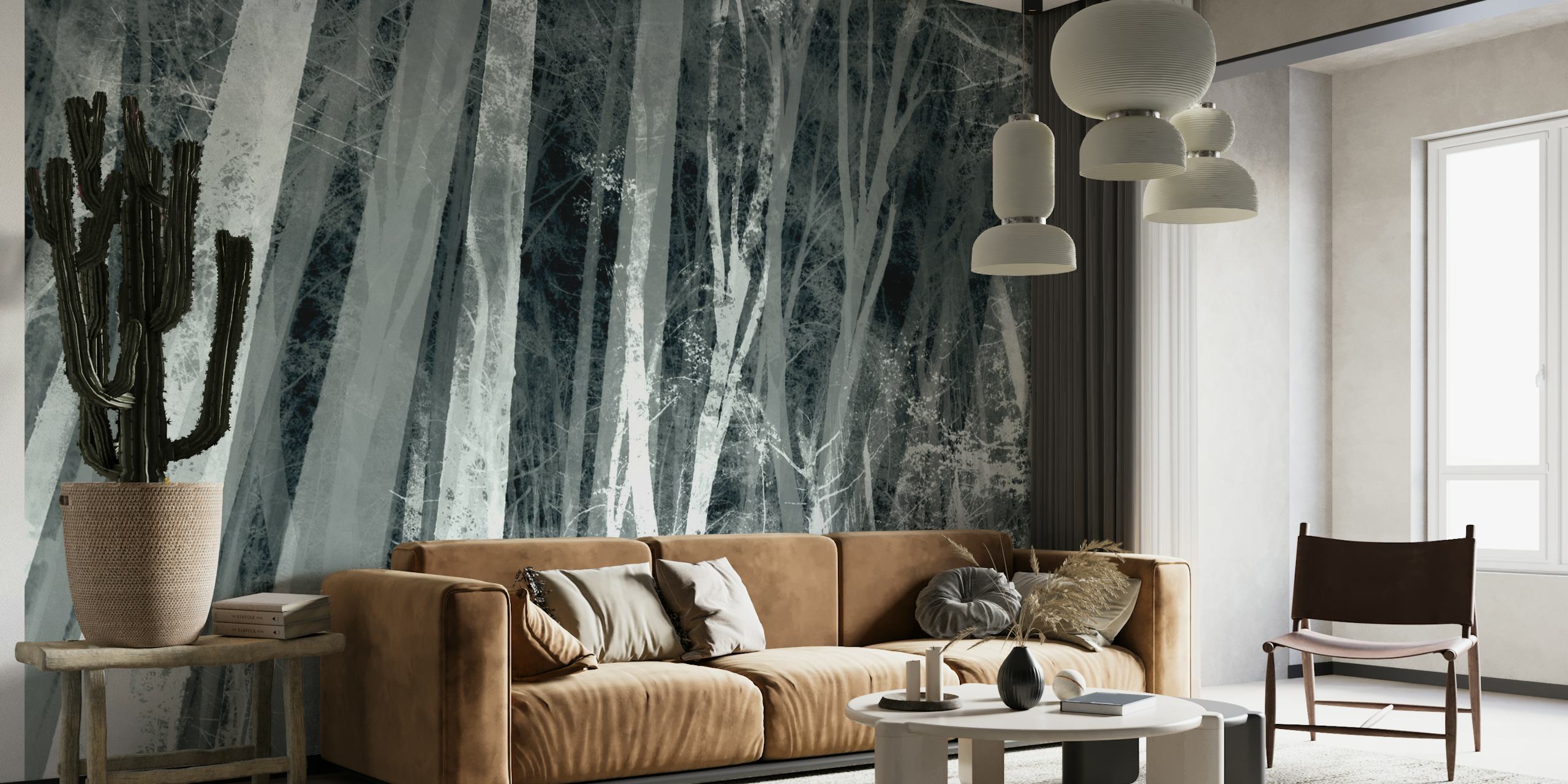 Um mural de parede de uma floresta em tons de cinza, com árvores altas e uma atmosfera enevoada.