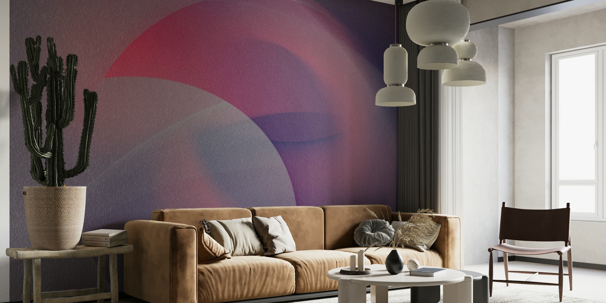 Abstrakti aikamatka-aiheinen seinämaalaus, jossa limittyvät ympyrät violetin ja punaisen sävyissä