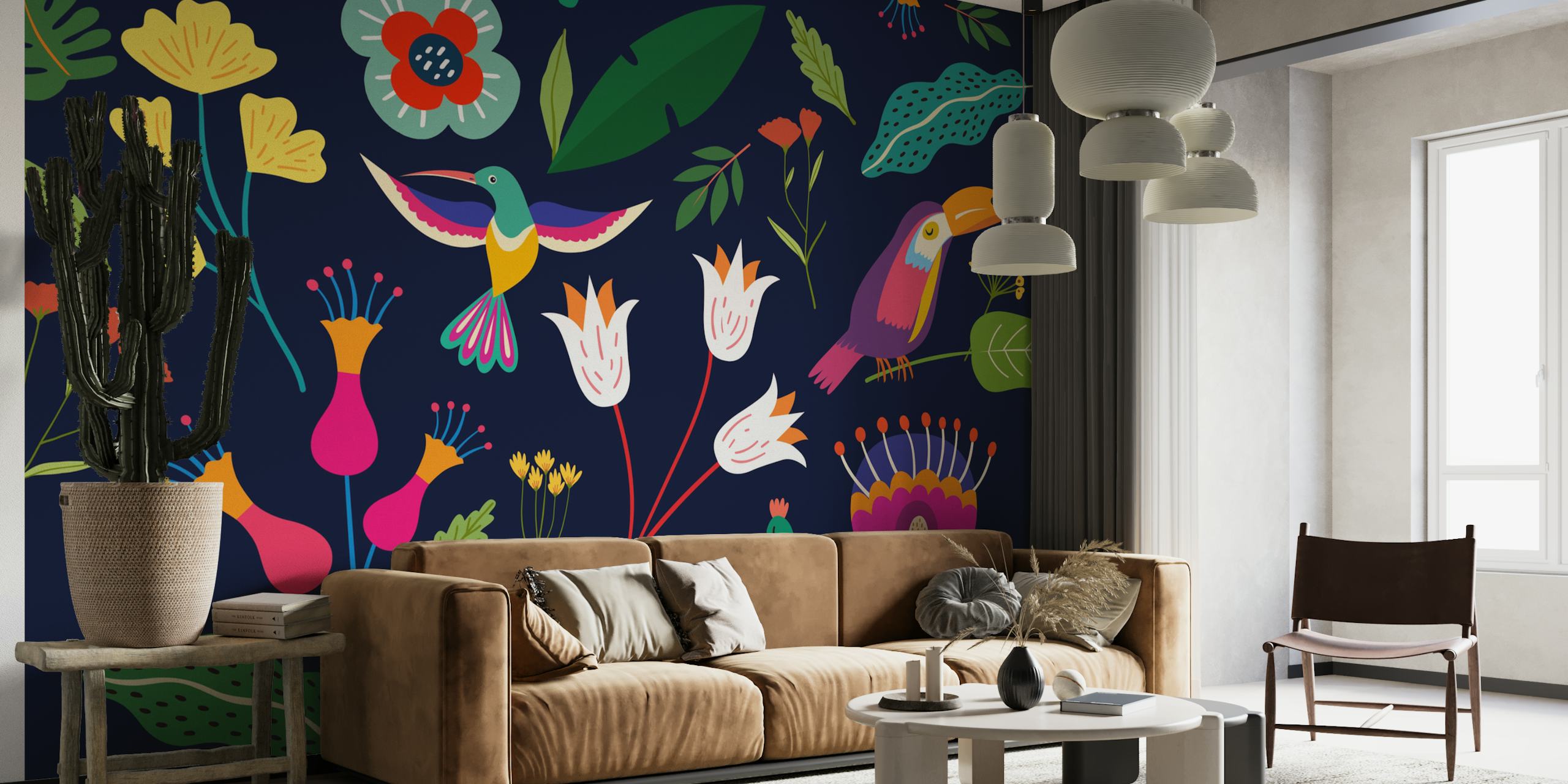 Colorful floral wallpaper with tropical birds and plants