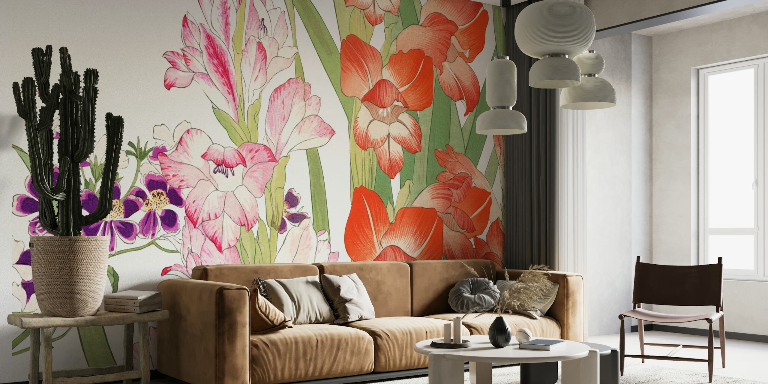Elegantní fototapeta Japan Orchid Floral s jemnými růžovými a červenými květy a zelenými listy na světlém pozadí.