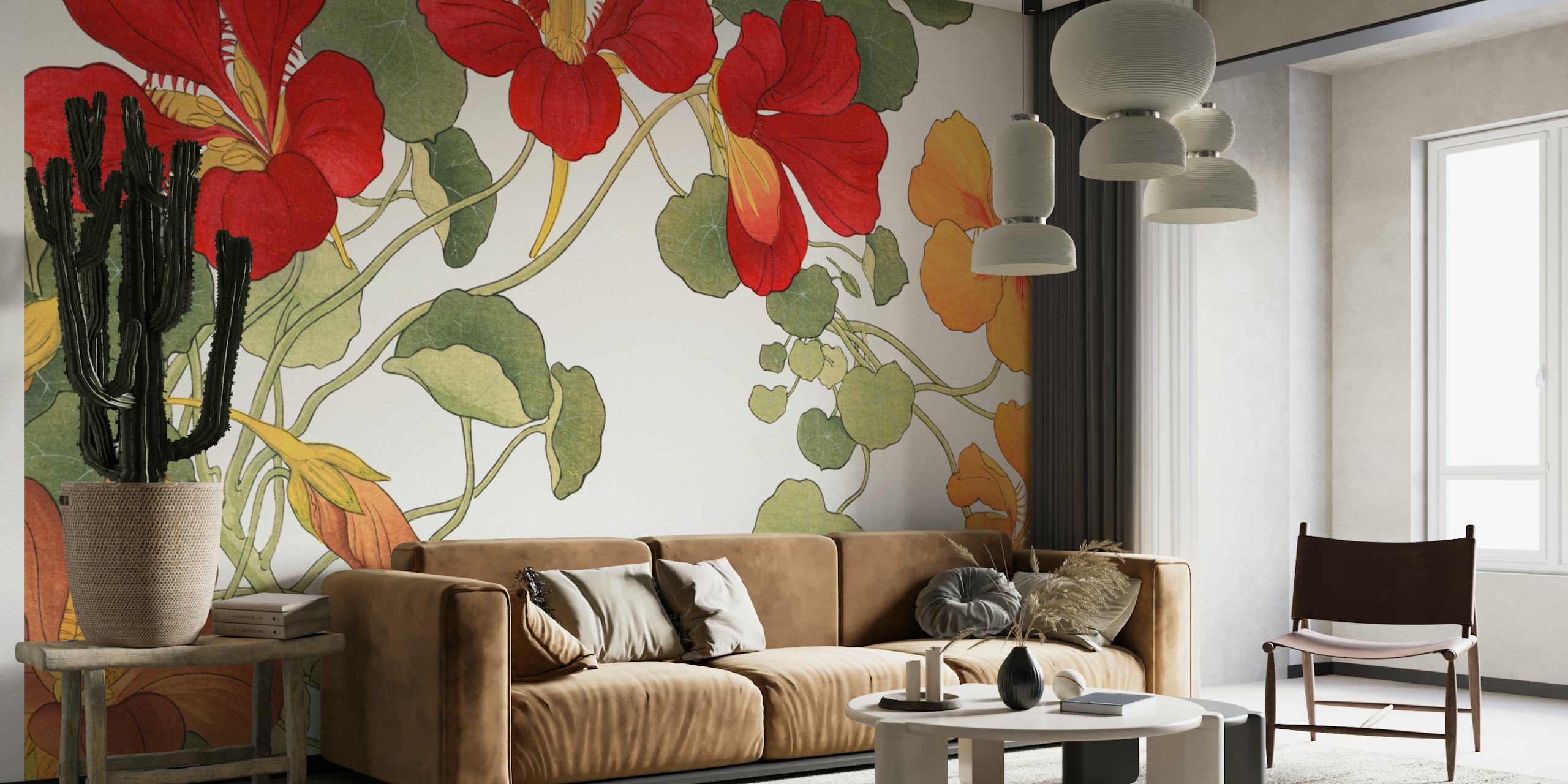 Red and orange floral leaves on cream wallpaper