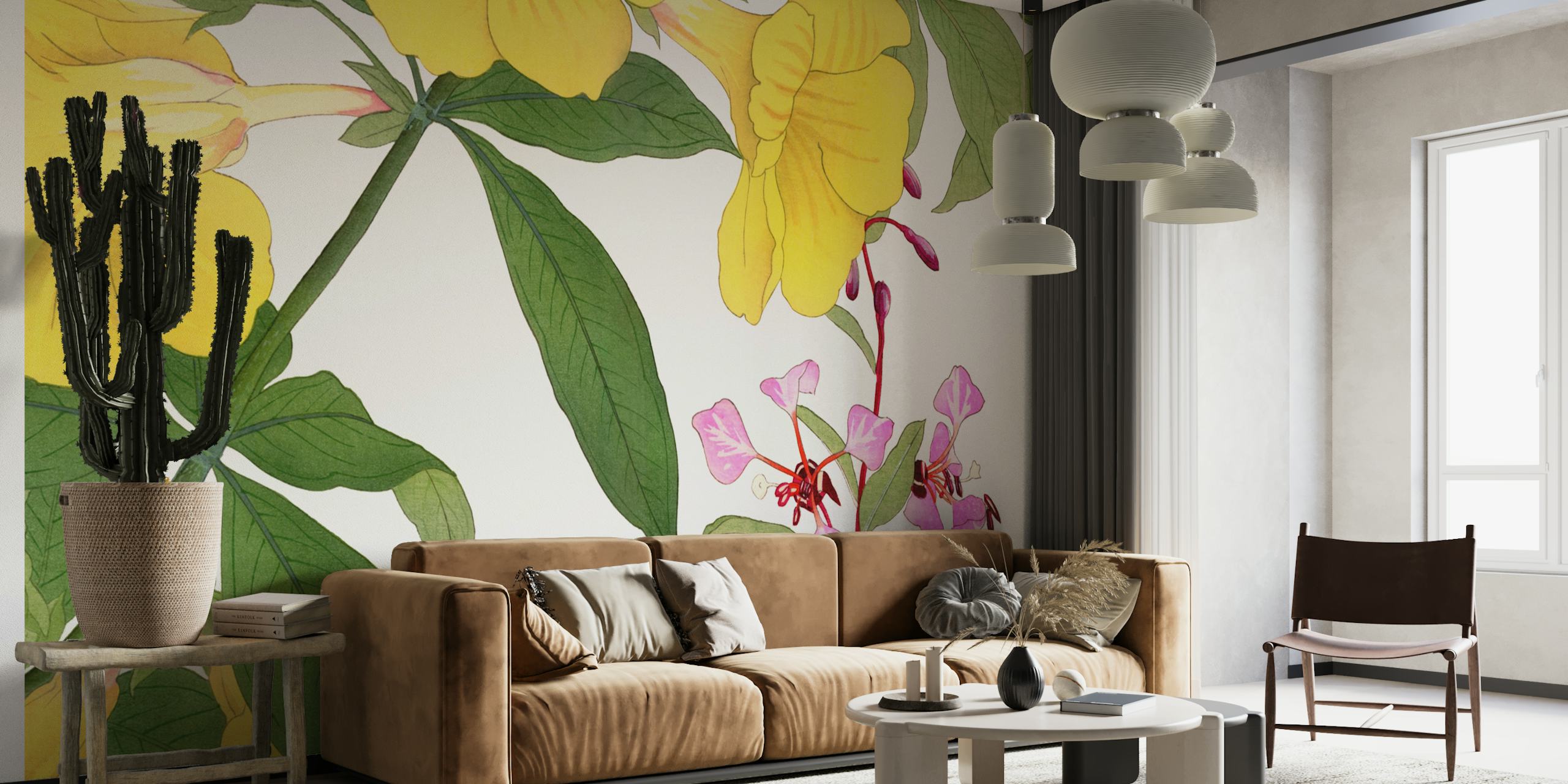 Lush yellow and pink flowers with green leaves on a Japan Summer Floral wall mural