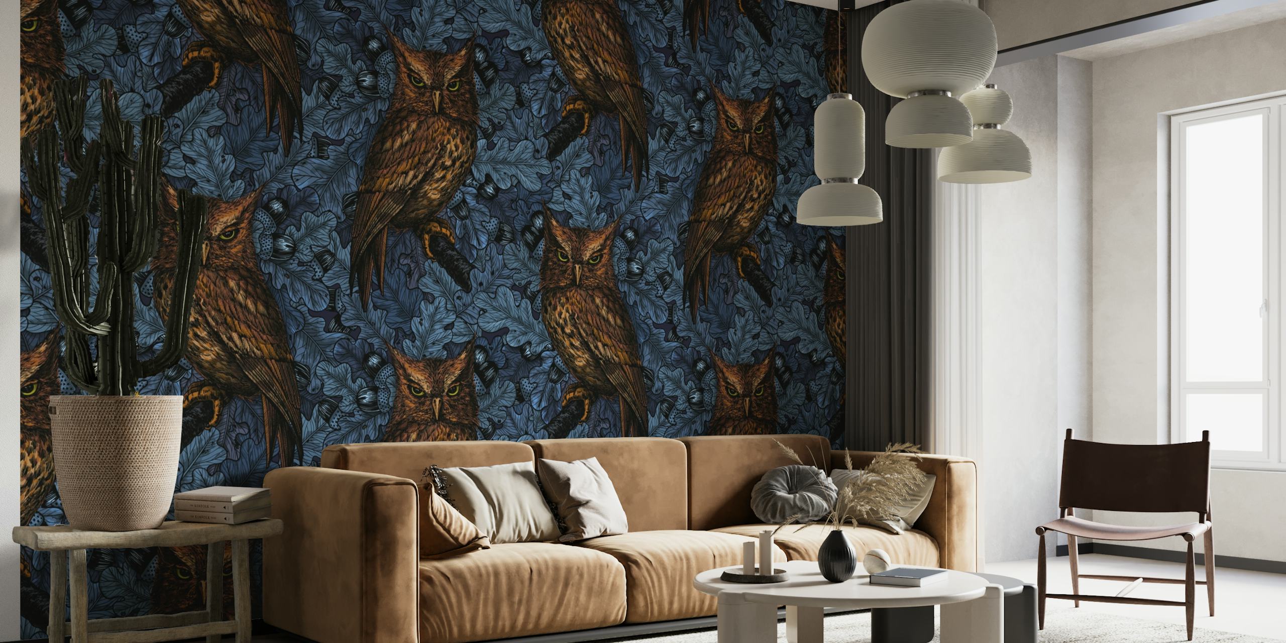 Owls in the oak tree wallpaper