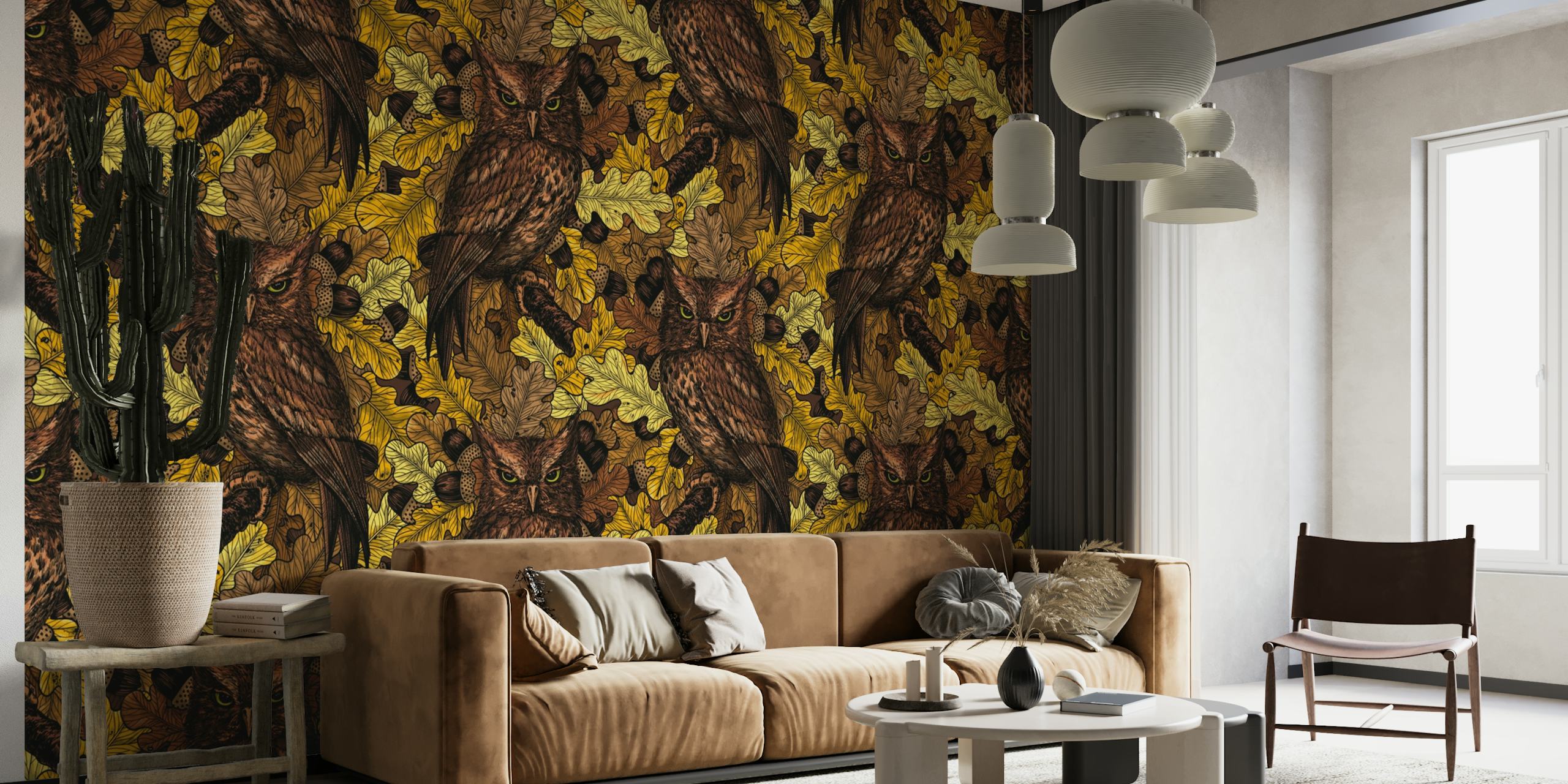 Autumn Owls wall mural with a pattern of owls and fall leaves