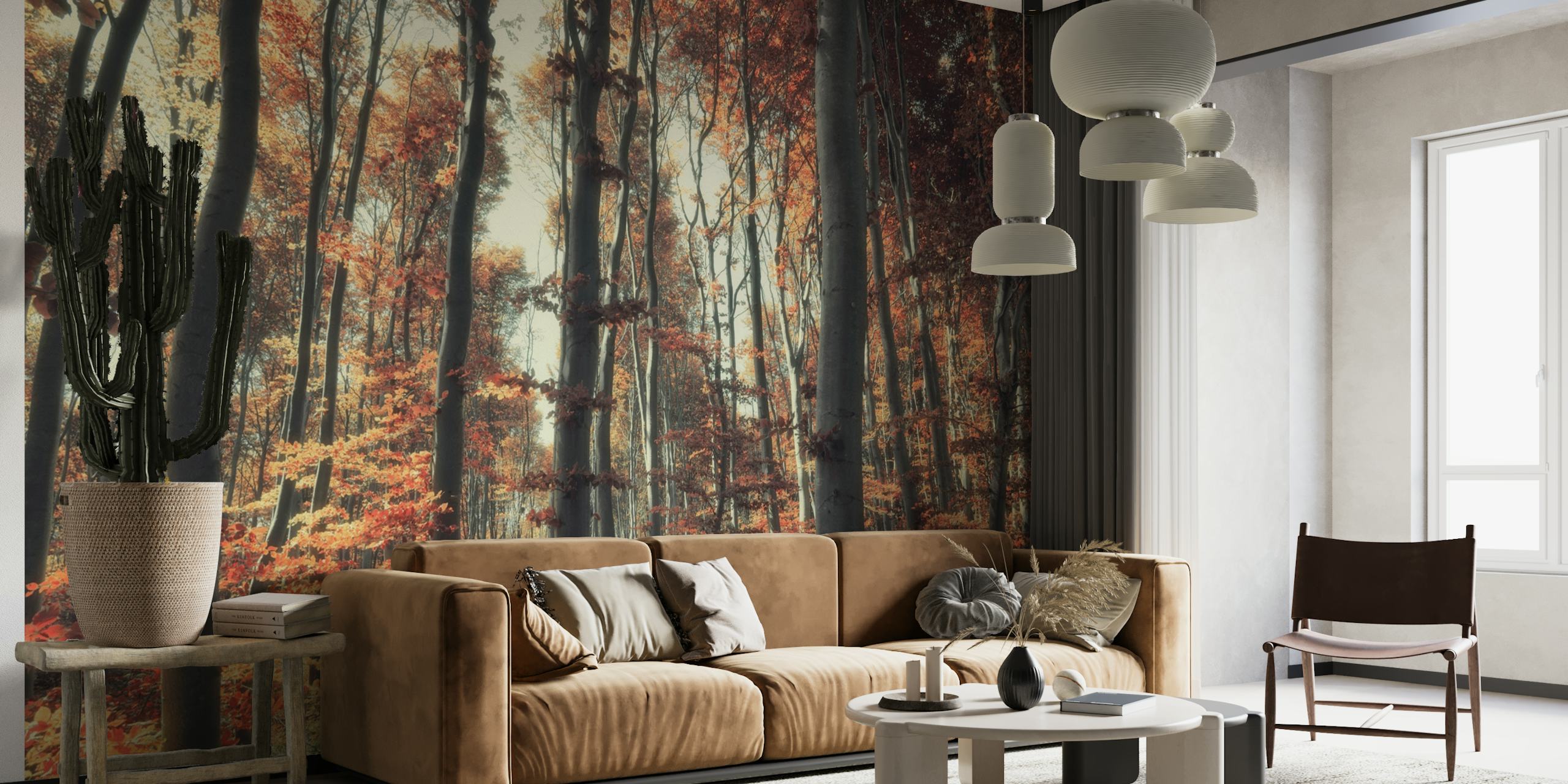 Autumn forest wall mural with red, orange, and gold foliage