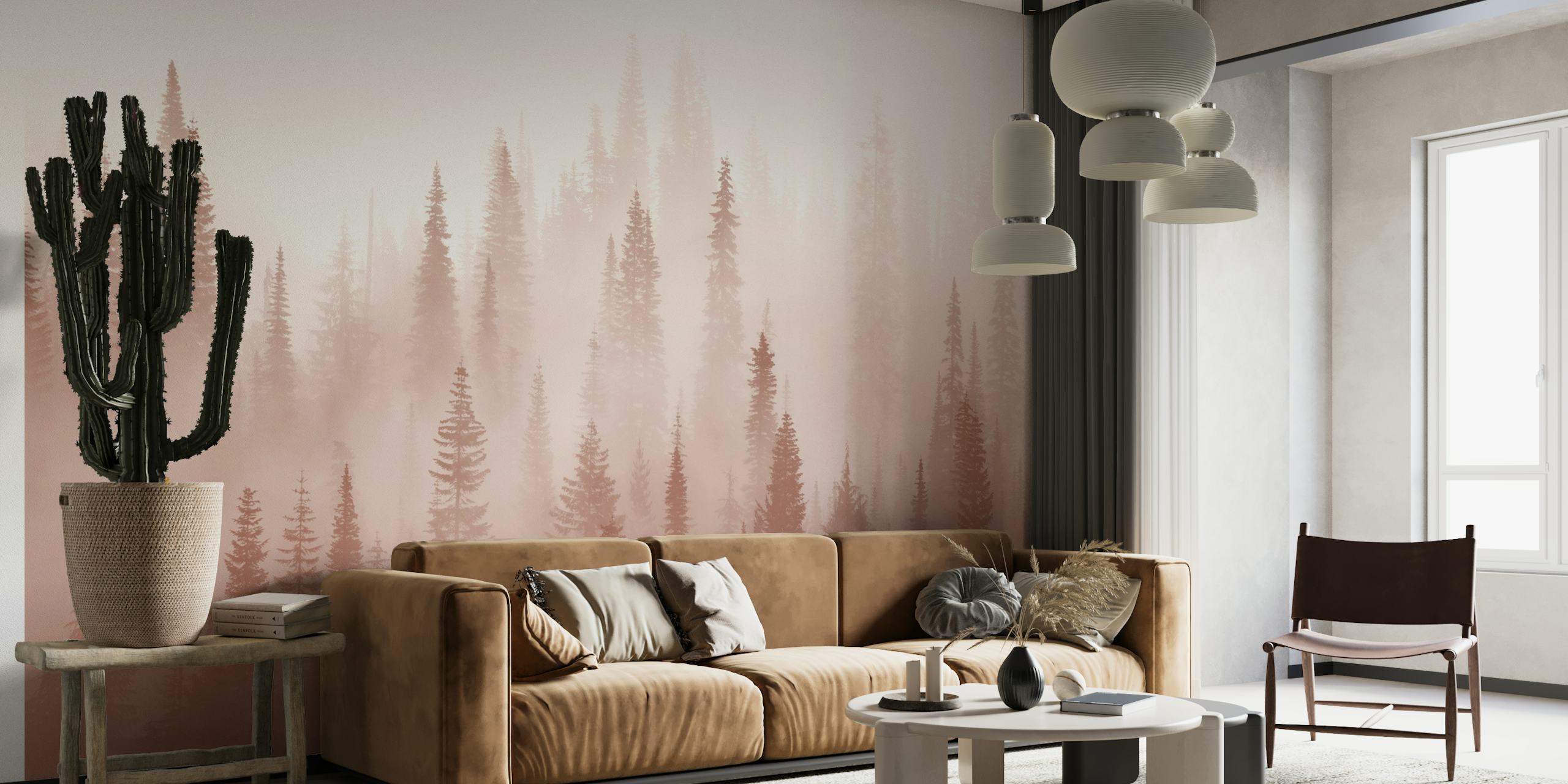 Dimmig skog med redwood träd höljda i dimma väggmålning
