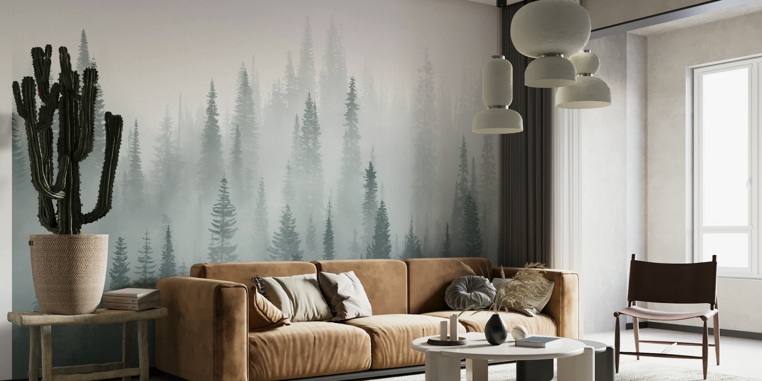 Papier peint mural forêt brumeuse éthérée avec des silhouettes d'arbres