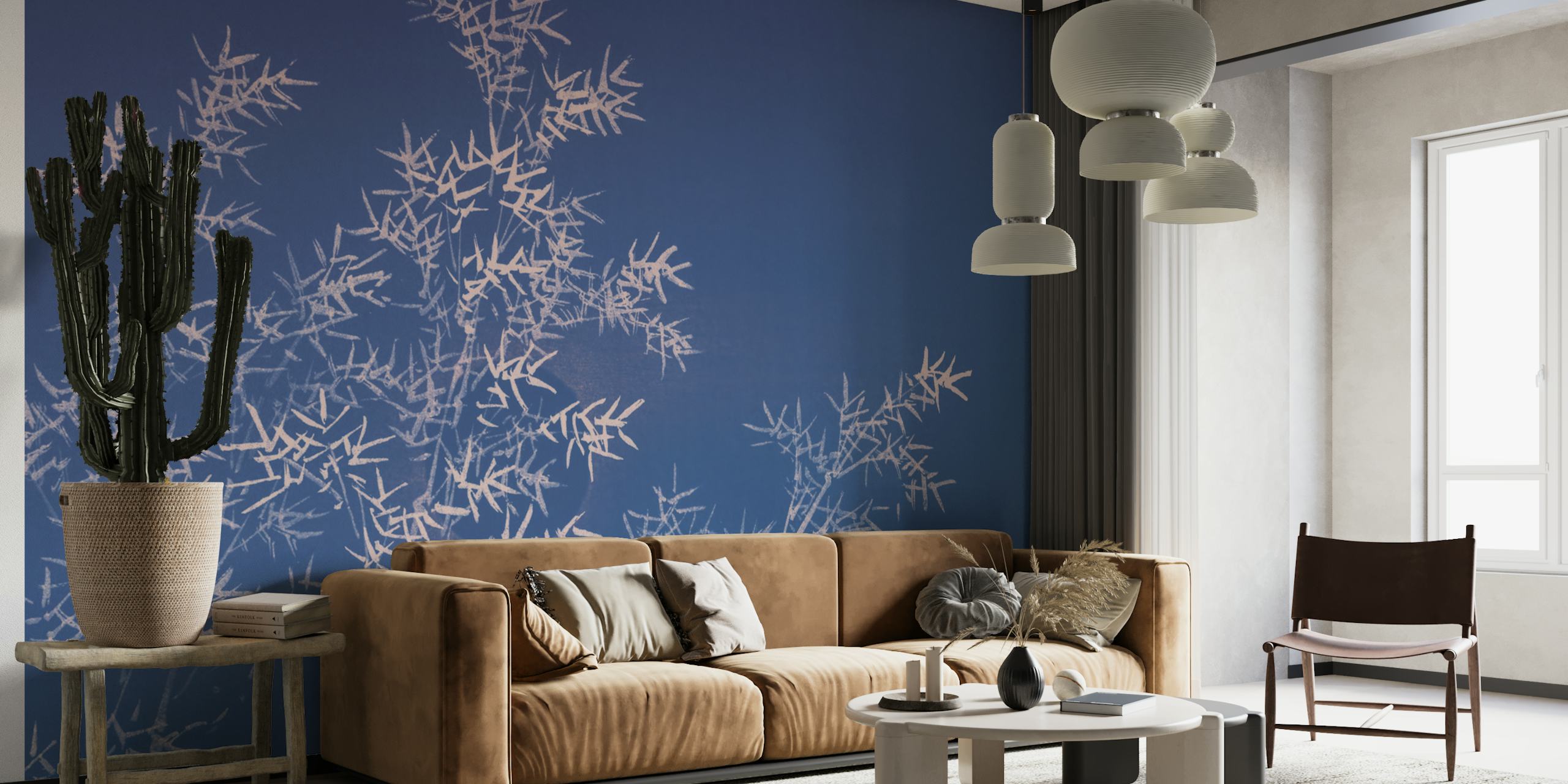 White bamboo leaves silhouetted on indigo wallpaper