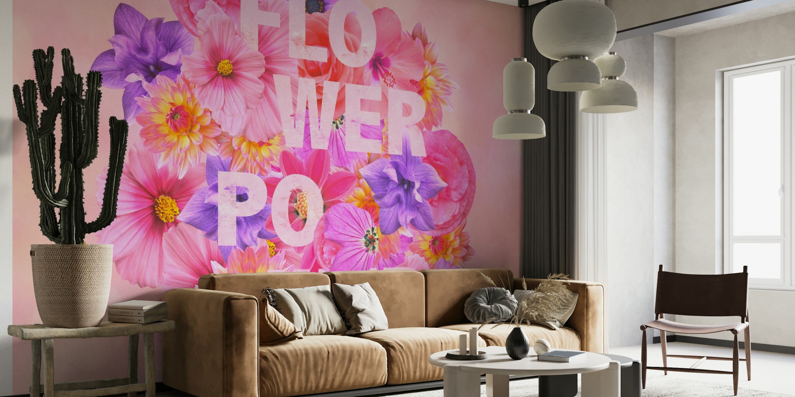 Mural de parede floral colorido com texto 'Flower Power'