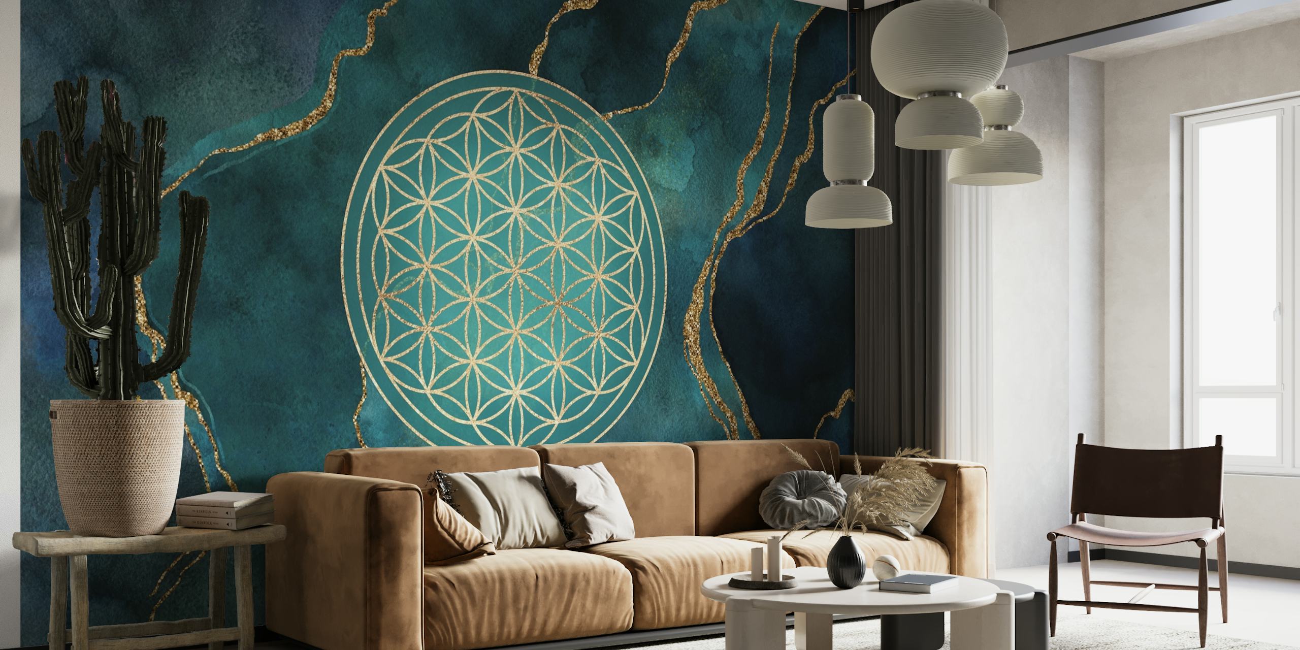 Flower Of Life Teal Marble ταπετσαρία
