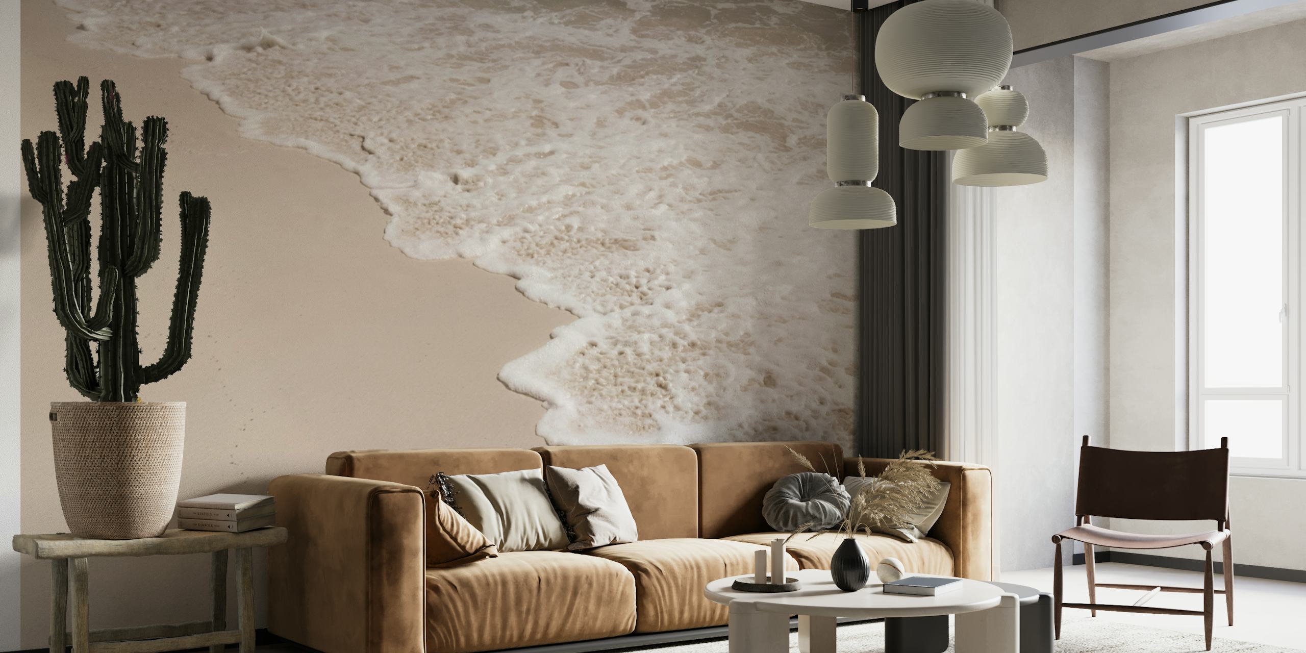 Gentle waves lapping over a sandy shore in the 'Caribbean Sea Foam Dream 2' wall mural.