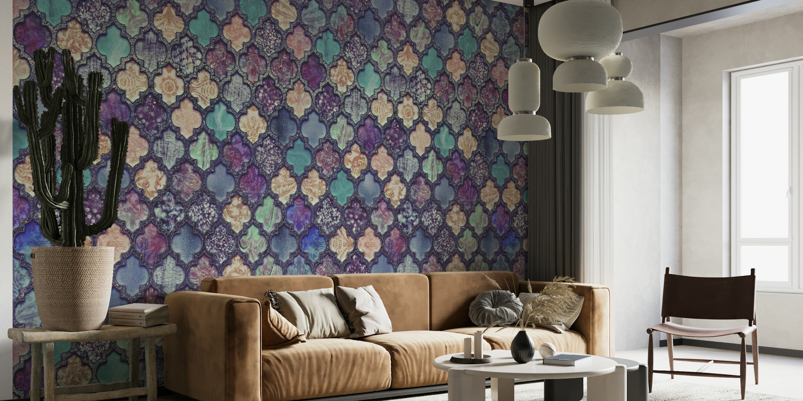 Moroccan Tiles Teal Purple wallpaper in a room