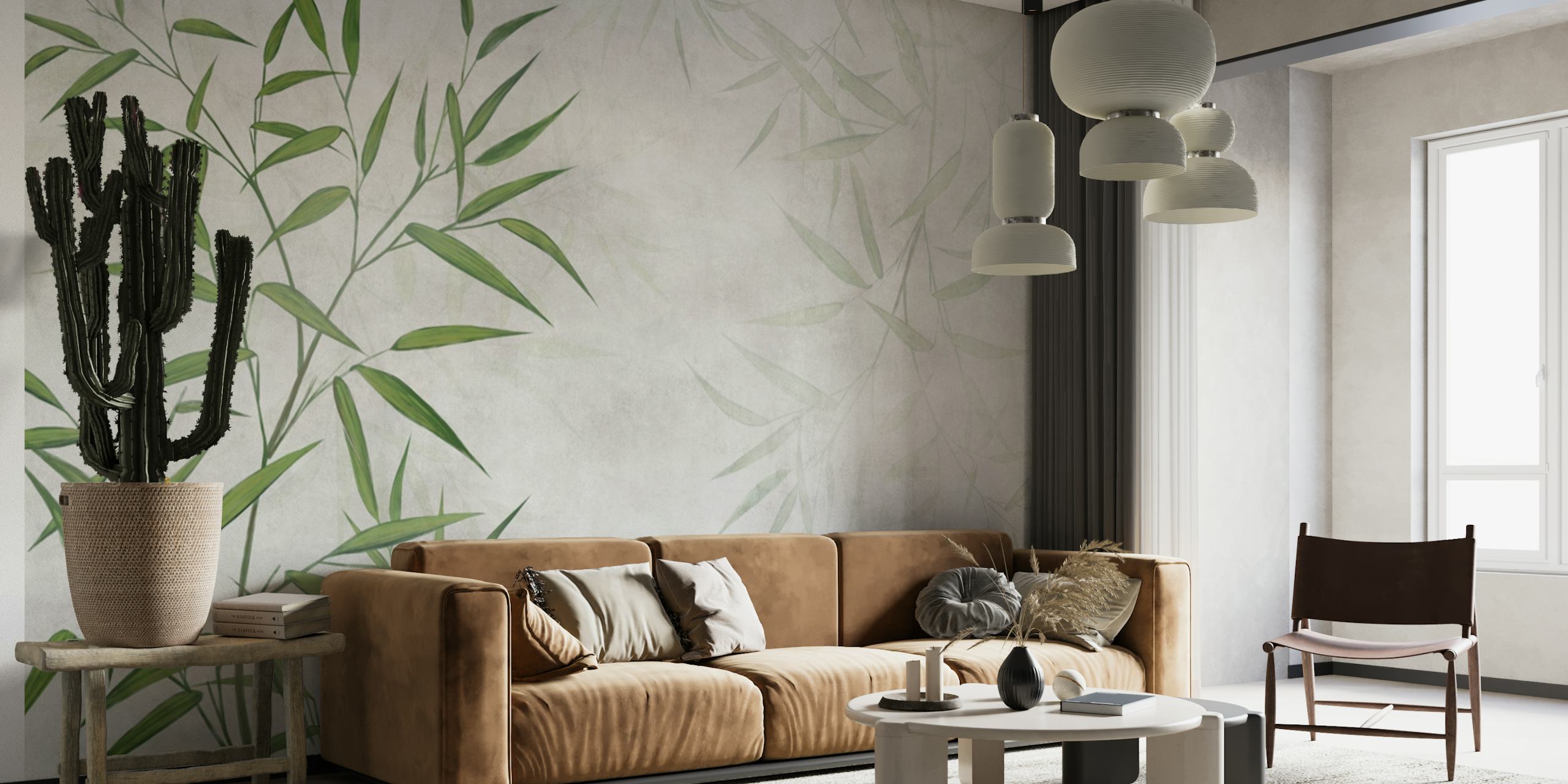 Bamboo leaves on a textured light background wallpaper in green and beige tones.