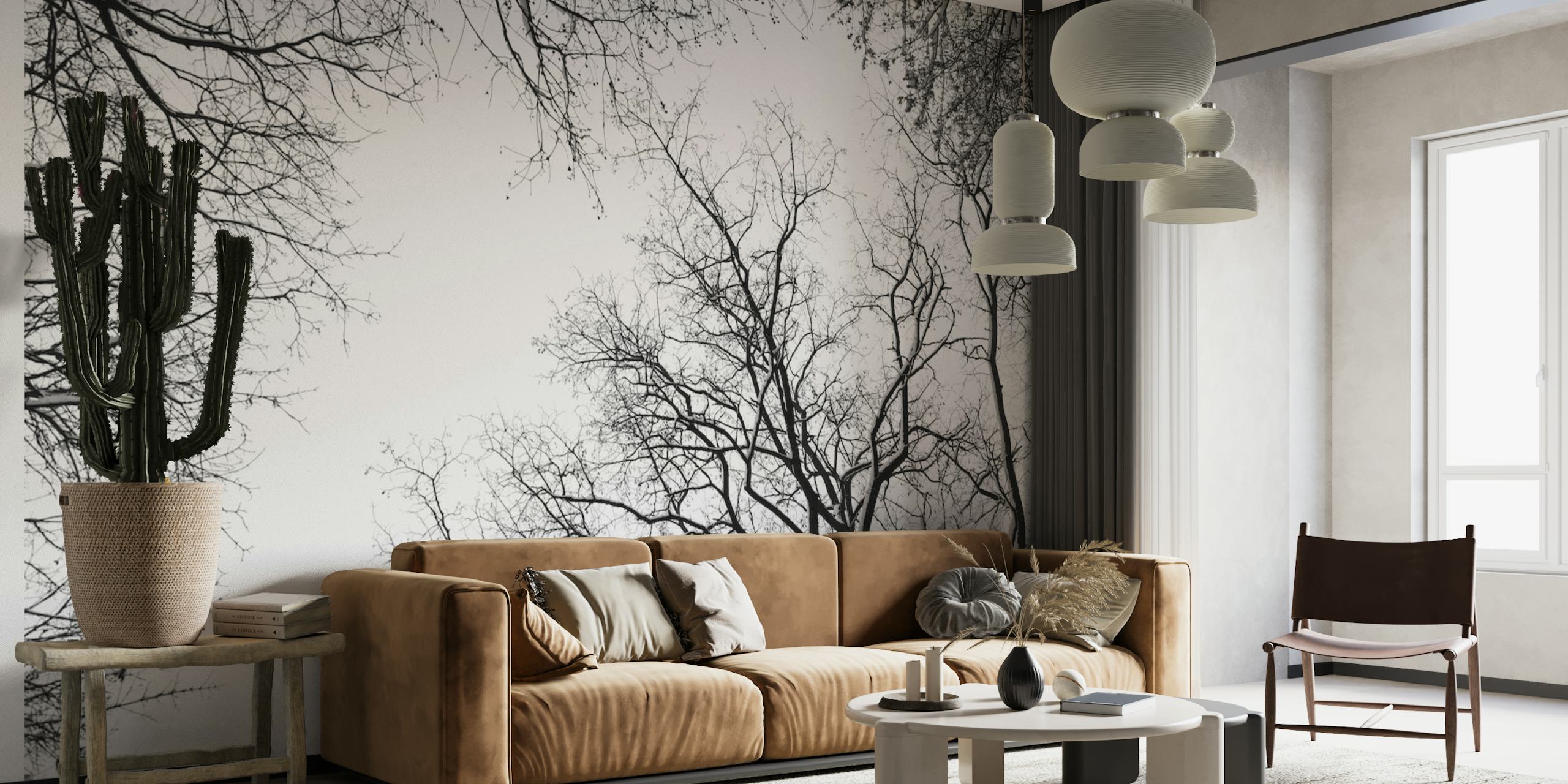 Snowy tree silhouettes wallpaper in a room