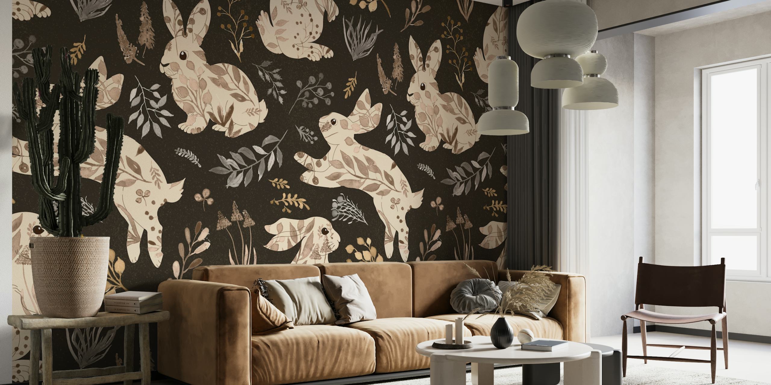 Rabbit garden earthy brown wallpaper